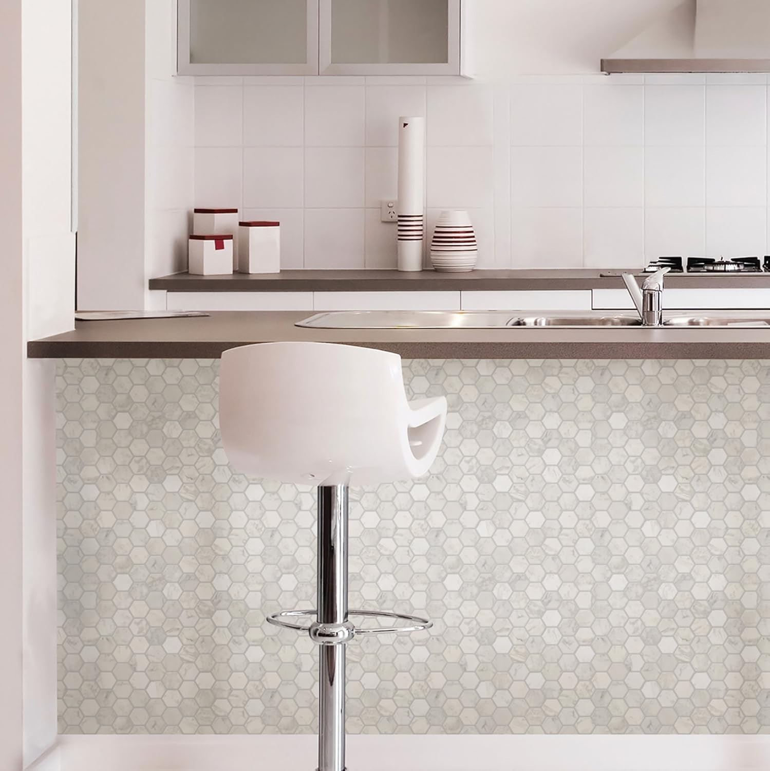 Classic White & Off-White Hexagon Marble Peel and Stick Wall Tiles for Kitchens