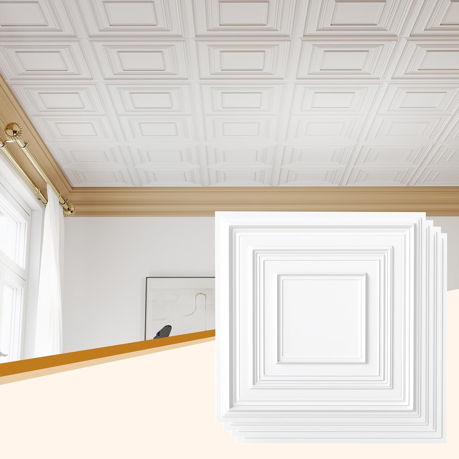 12Pcs Ceiling Tiles 24×24 in PVC Easy Installation White Geometric Ceiling Panel