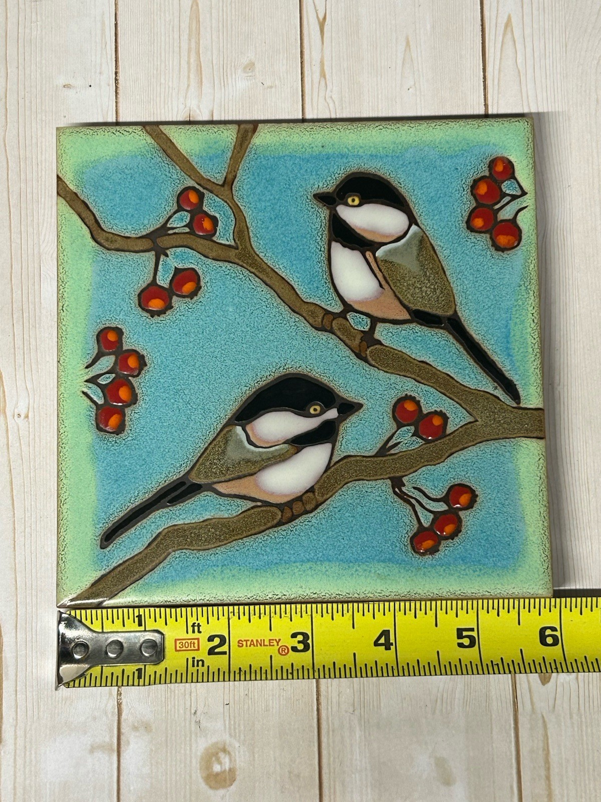 Blue Pacific Trivet Tile Chickadees Berries Hand Painted Hot Plate Wall Art 6”