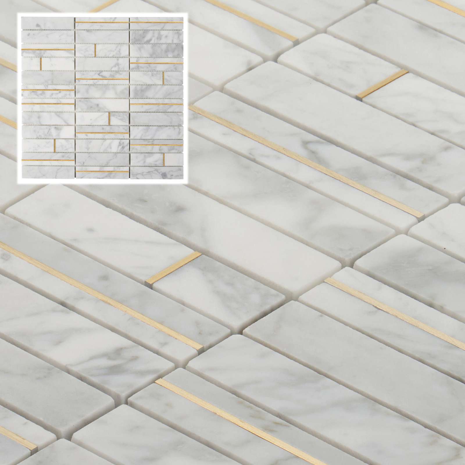Carrara White Marble Stone Gold Metal Inlay Stack Kitchen Mosaic Tile Backsplash
