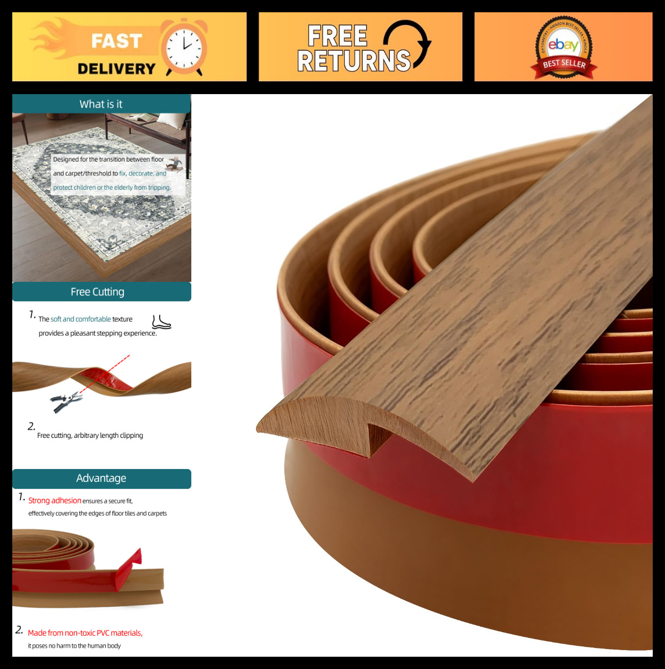 Self-Adhesive Carpet to Tile Transition Strip Edging Trim – 20Ft, Brown, 5mm Hei