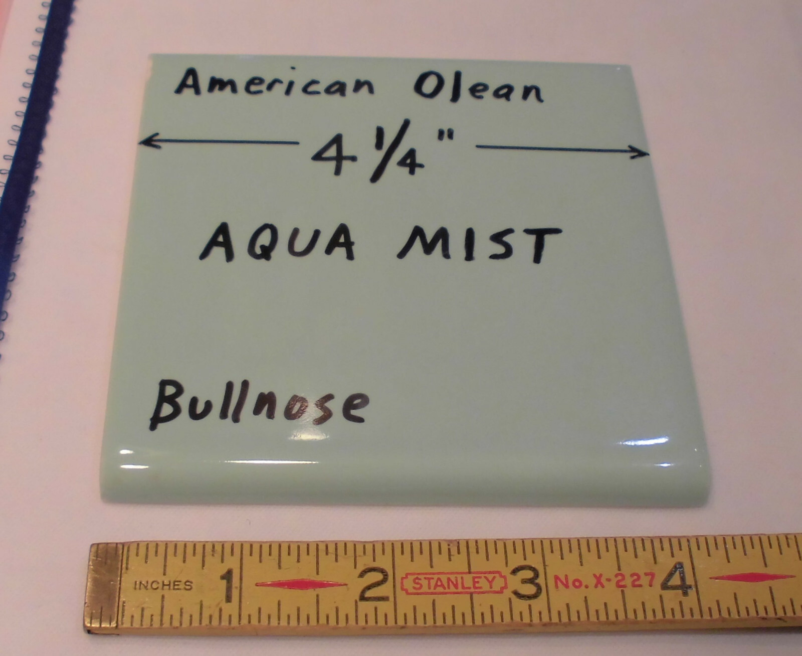 1 pc. *Aqua Mist* Vintage Glossy Ceramic Bullnose Tile 4-1/4” blue-green by A.O.