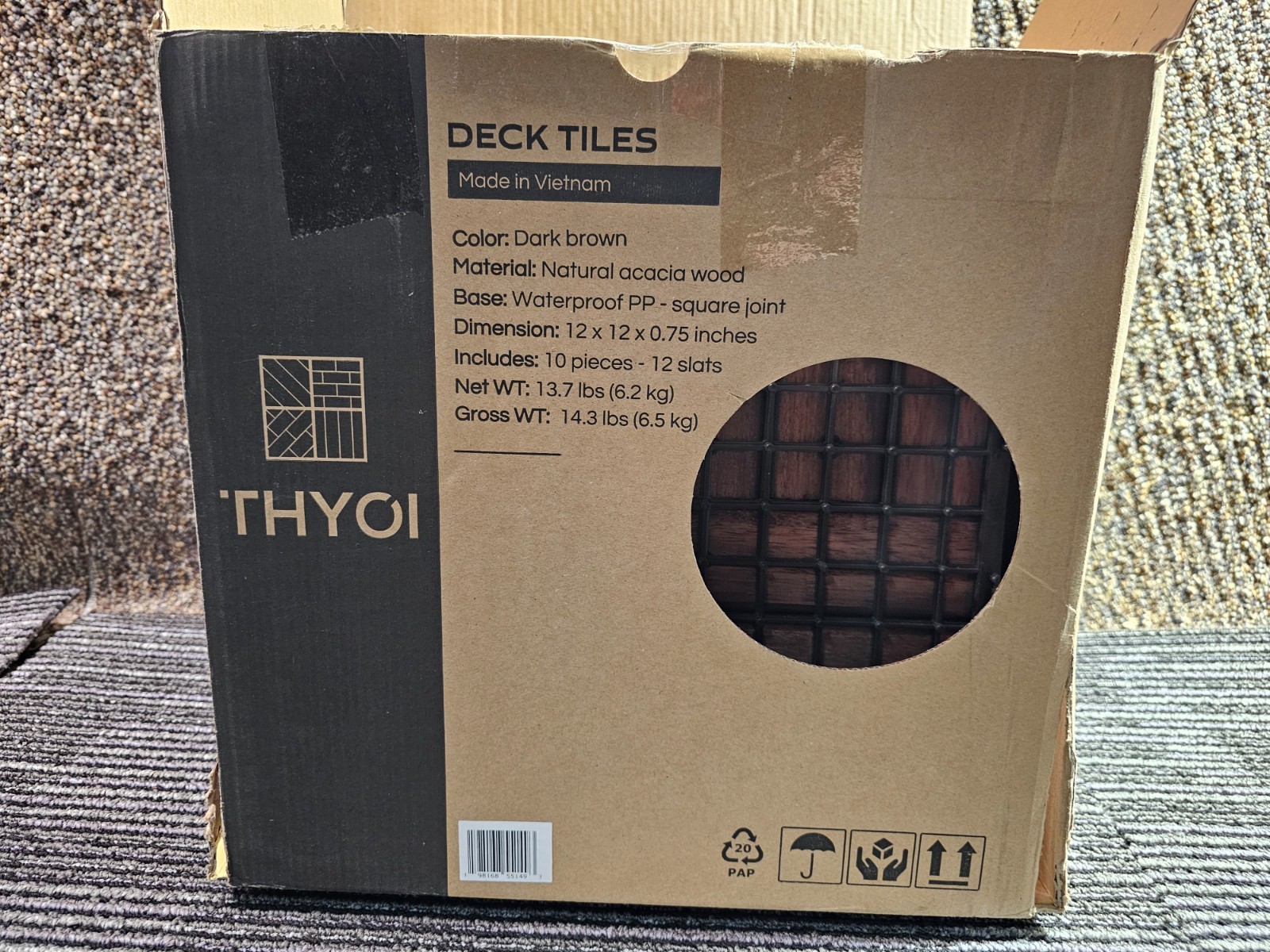 (QTY 10) THYOI Deck Tiles, Patio Flooring 12″ x 12″ Waterproof Acacia Wood Tiles