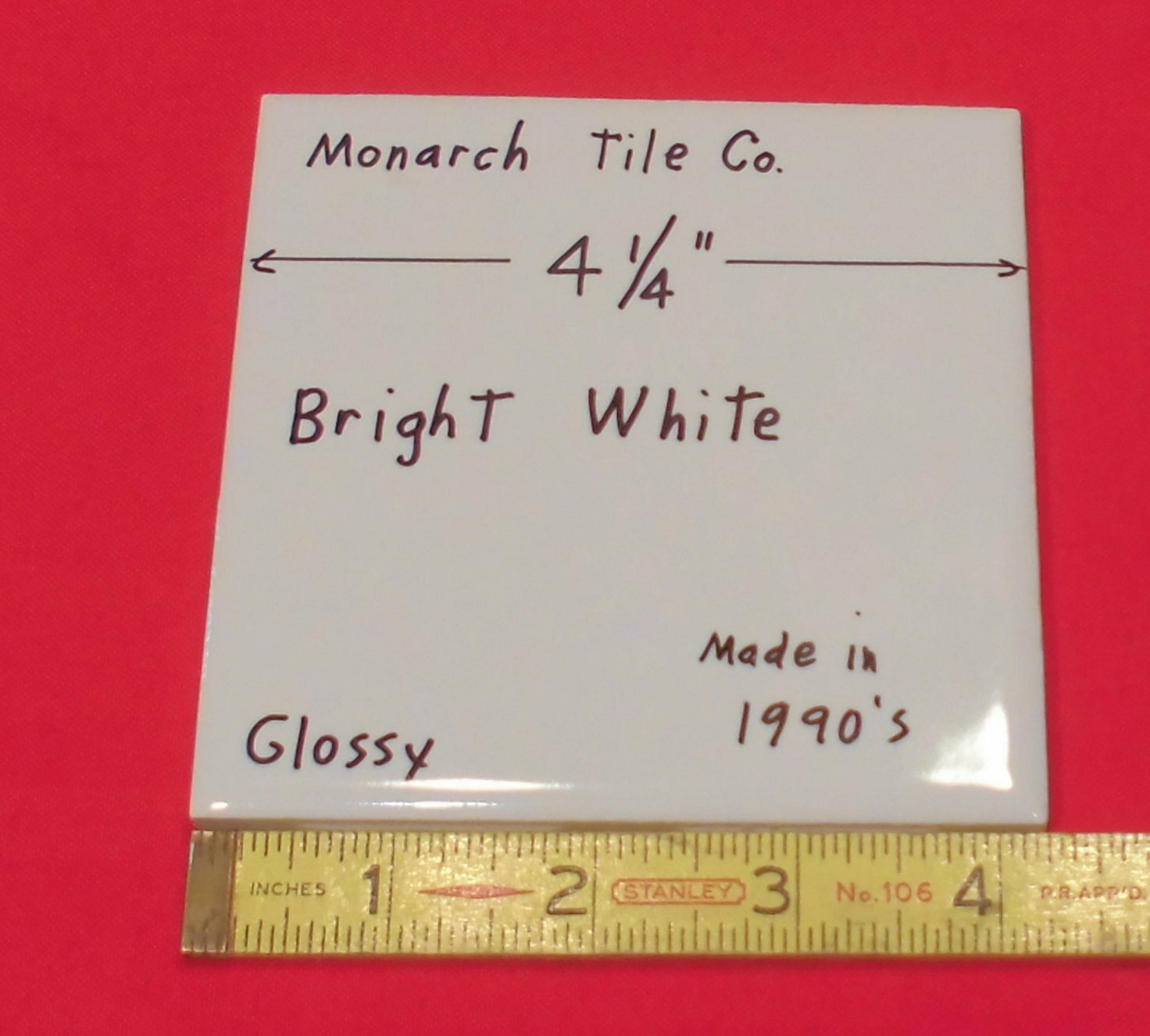 1 pc. Bright White 4-1/4″ Glossy Ceramic Tile by Monarch Tile Co. USA New