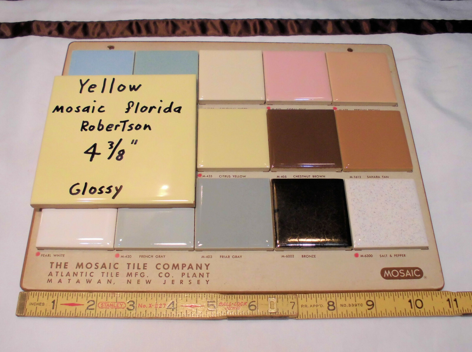 1 pc. Glossy Yellow Ceramic Tile 4-3/8″ ; Matches: Florida, Mosaic & Robertson