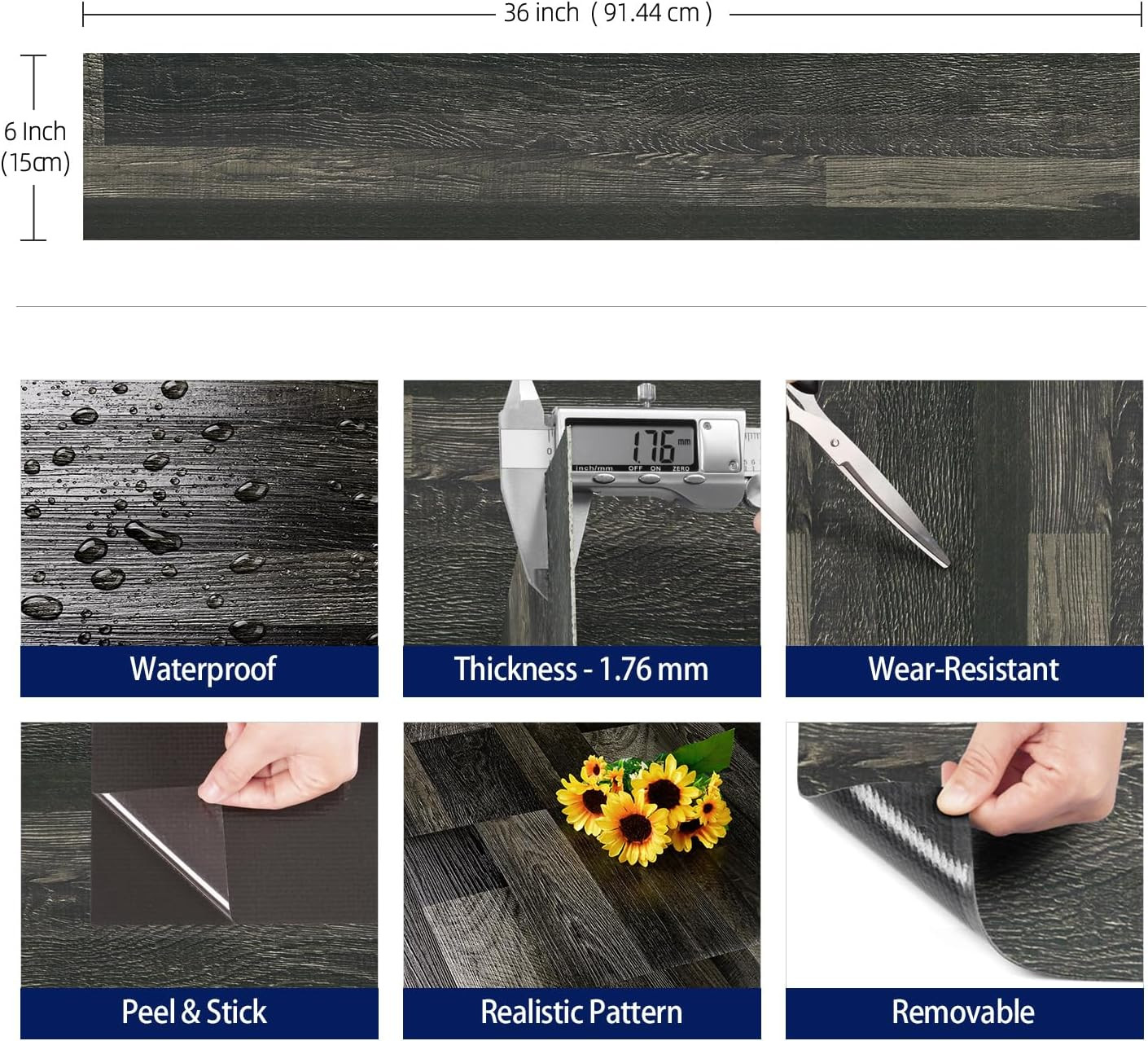 6″X36″ 35 Pcs Black Hard Wood Vinyl Flooring Planks Peel and Stick