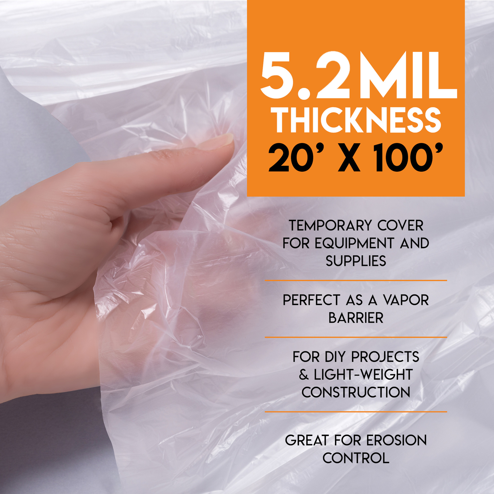 Clear Poly Sheeting -20 Feet x 100 Feet – Heavy Duty, 5.2 Mil Thick Plastic Tarp