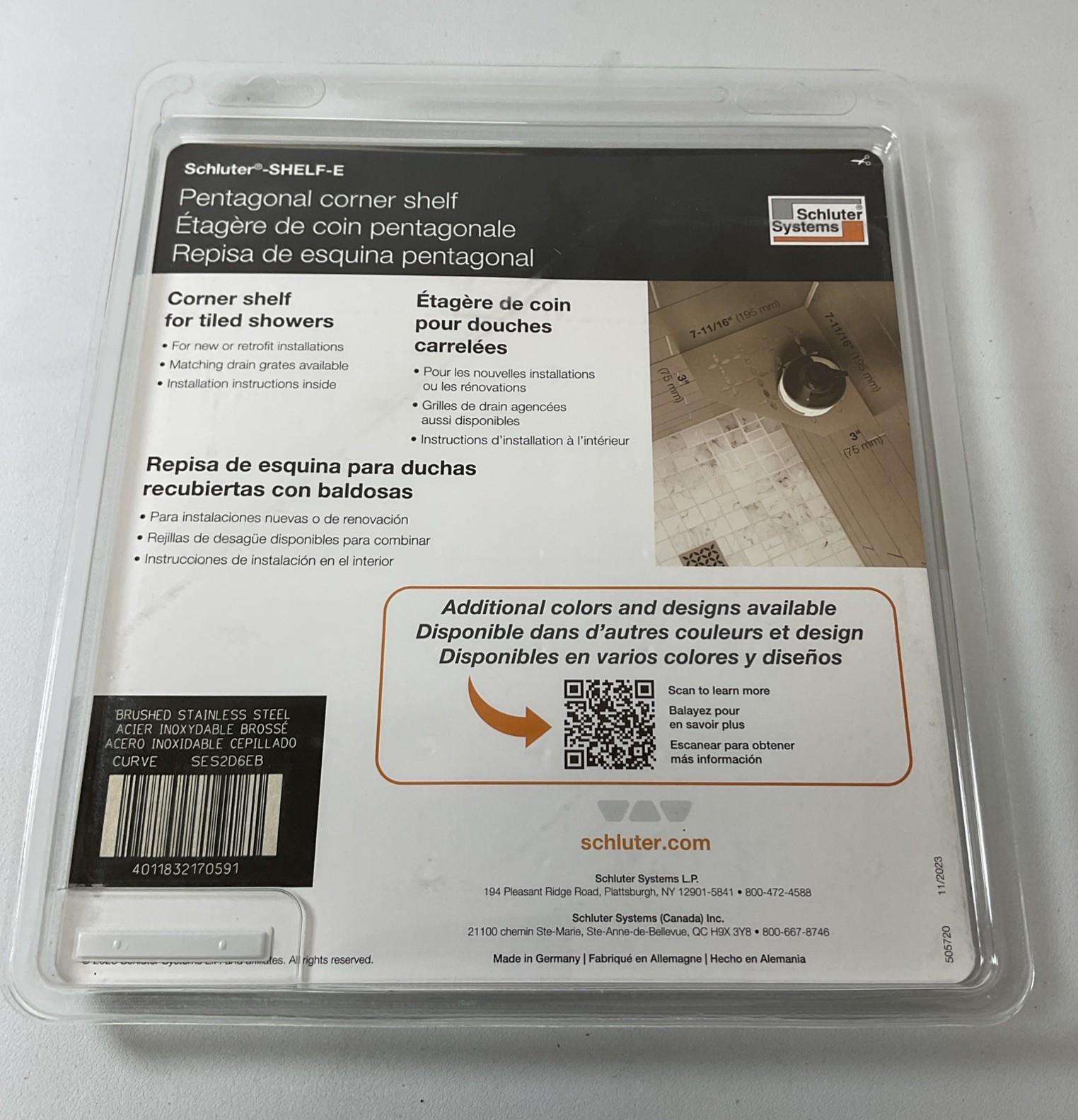 Schluter Pentagonal Corner Shelf for Tiled Walls – Curve Design, Stainless Steel