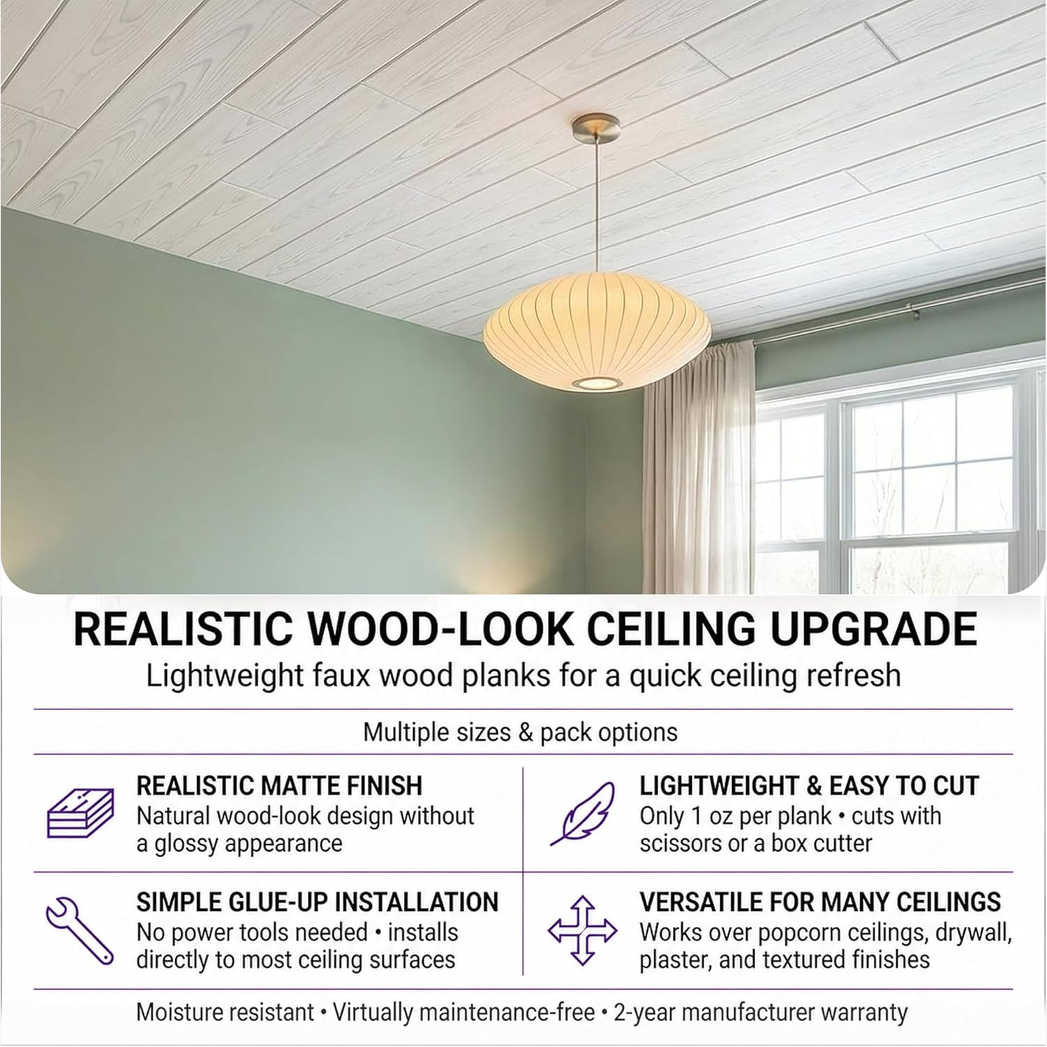 LA Maison Ceilings WP02CW Foam Wood Ceiling Planks, Country White, 48