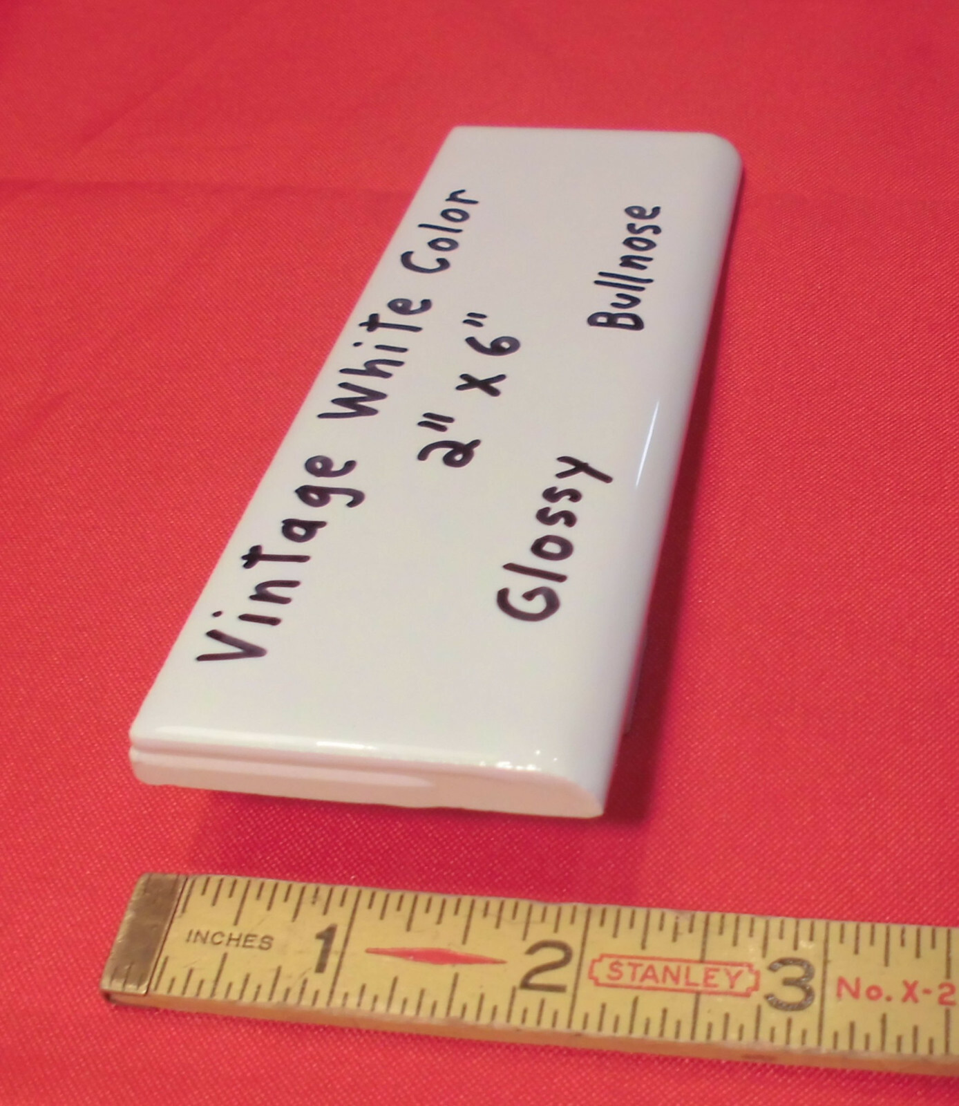 1 pc. *Vintage White* Glossy 2″ X 6″ Ceramic Surface/Flat Bullnose Tiles; NEW