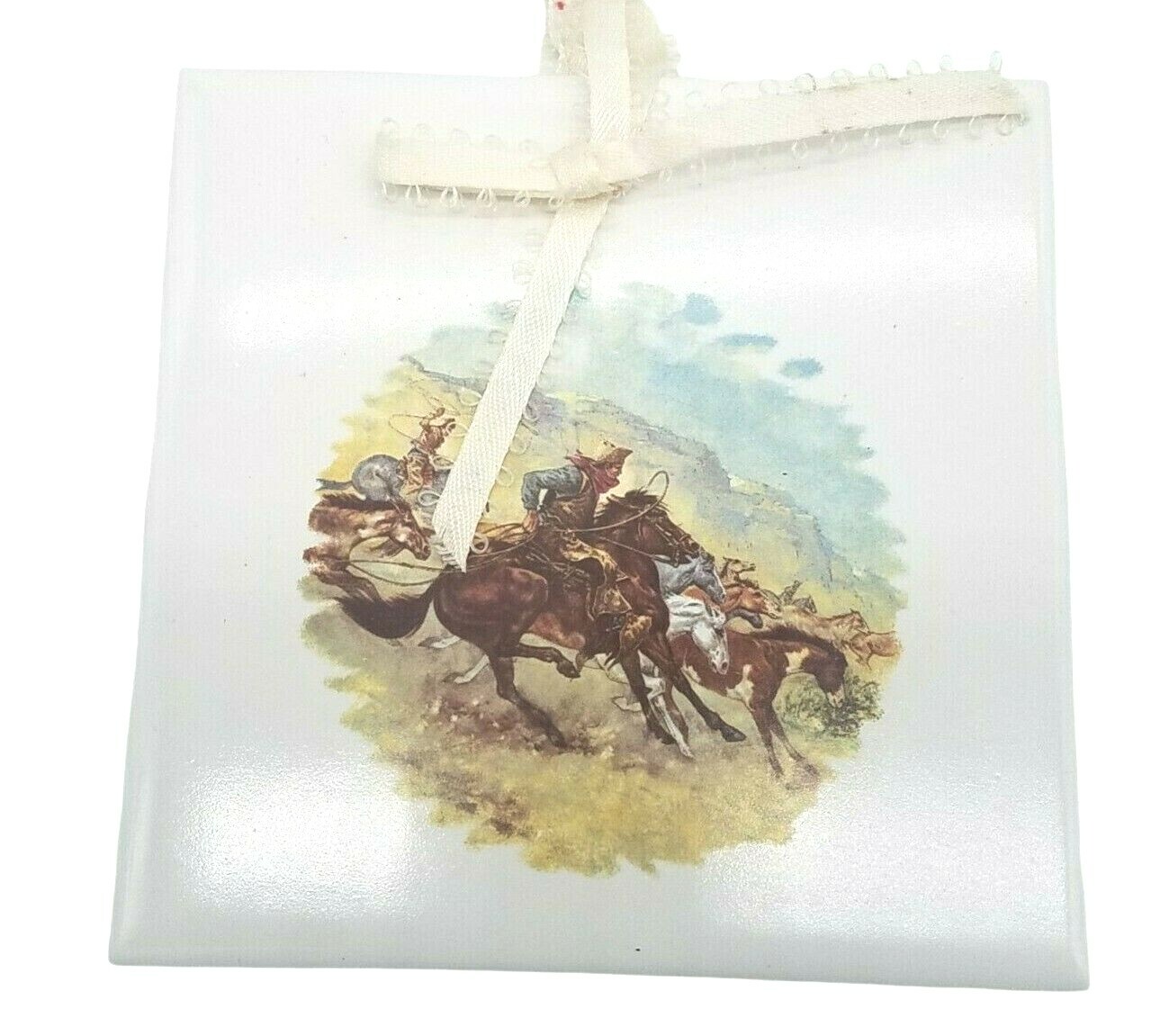 4 Ceramic Tiles Trivets Wall Hangings Western Cowboys 4.25 X 4.25 Made In USA