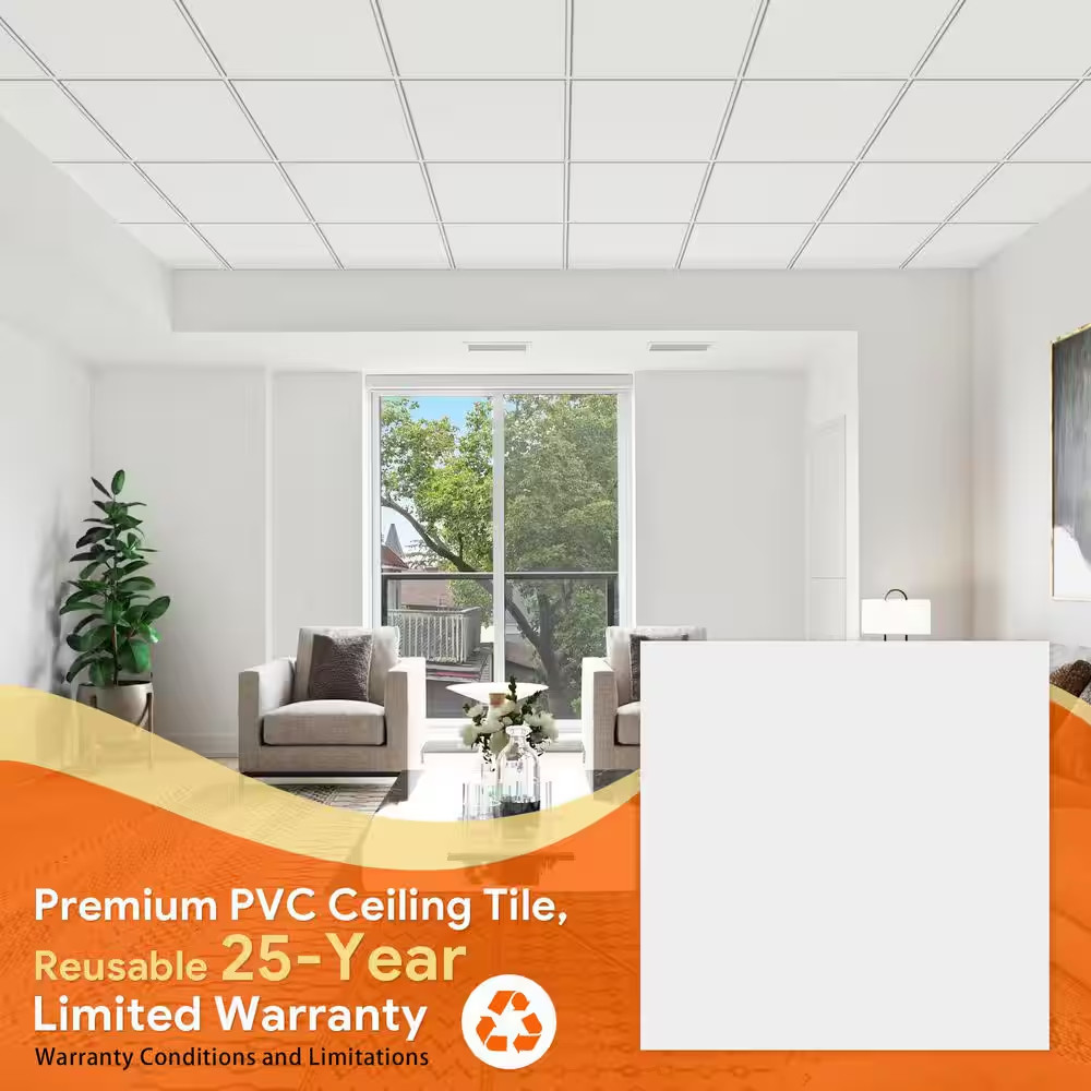 2 Ft. X 2 Ft. Smooth White High-Grade PVC Drop Ceiling Tile, Waterproof, Washabl