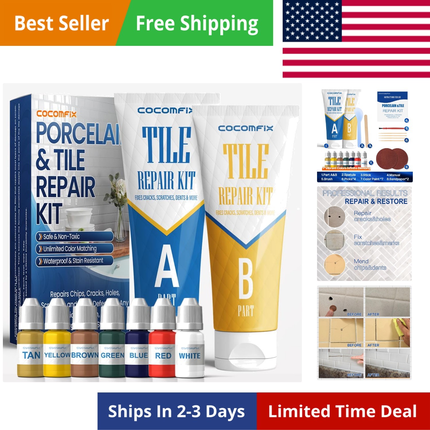 Tile Repair Kit, Ceramic Tile Chips & Cracks Repair KitColor Match, Porcelain…
