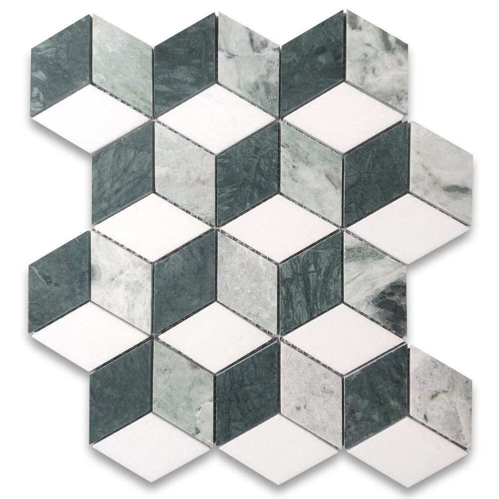 T34K2XH Thassos White Marble 3D Cube Rhombus Hexagon Mosaic Tile Green Honed