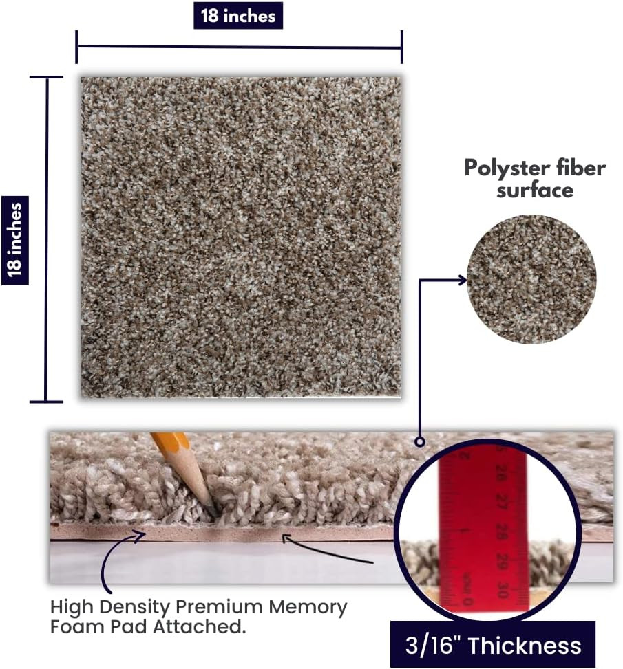 Soft Peel & Stick Carpet Tiles – 18×18 Inch, 10 Tiles, 22.5 Sq Ft