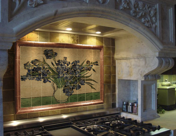 28×20 Van Gogh Irises Backsplash Mural Tumbled Marble Tiles