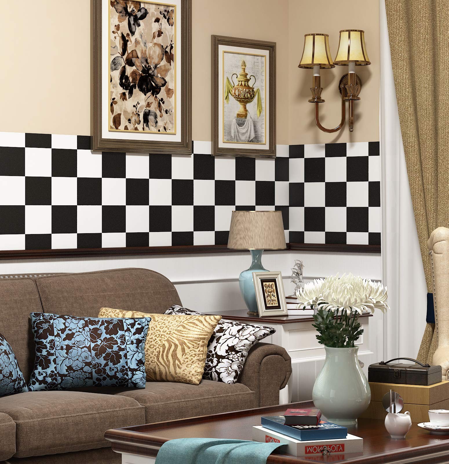 Checkered Black and White Vinyl Flooring Roll 15.8×78.8 in Floor Contact Pape…