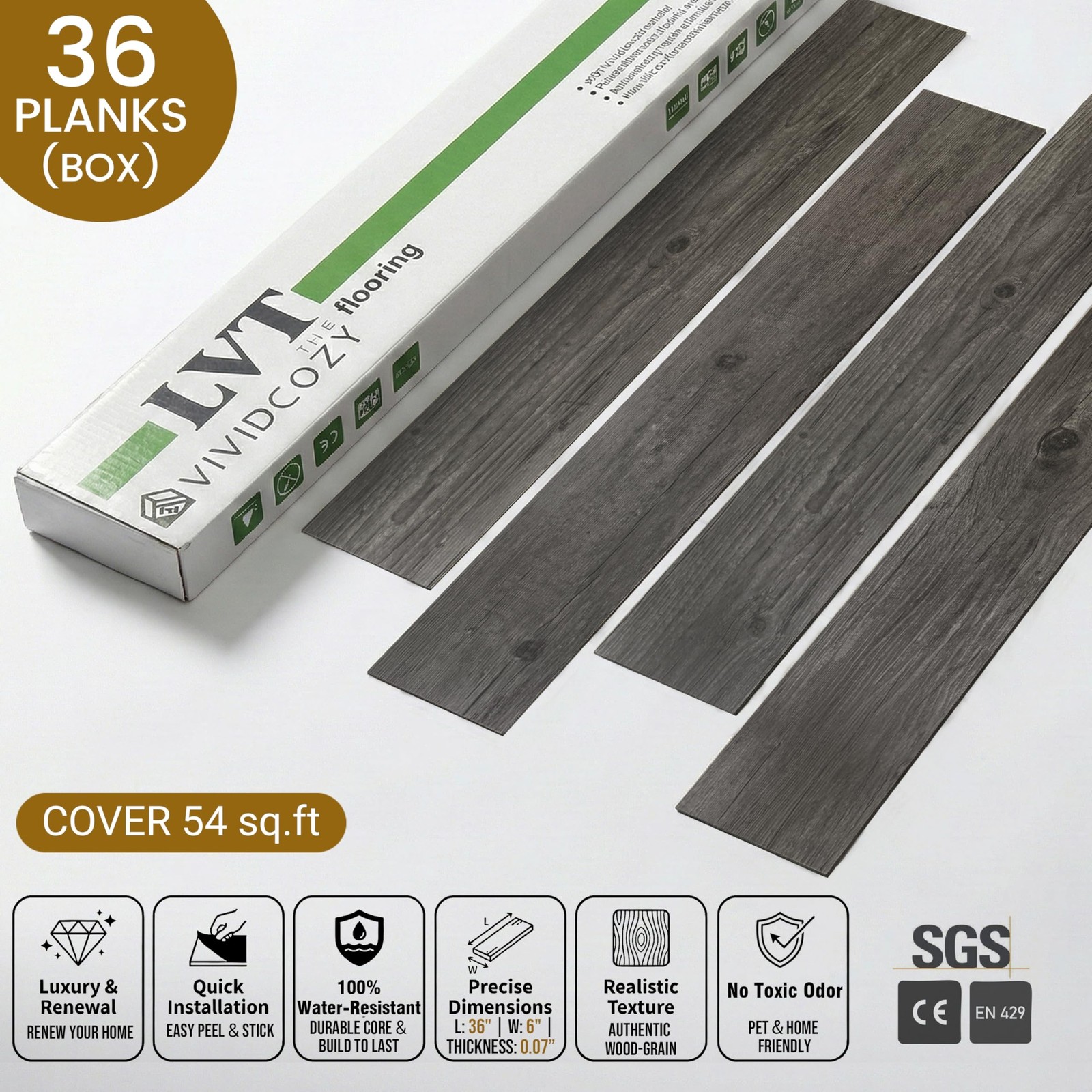 Waterproof Peel and Stick Floor Tile, 54 Sq.Ft Dark Grey Vinyl Flooring | 36 …