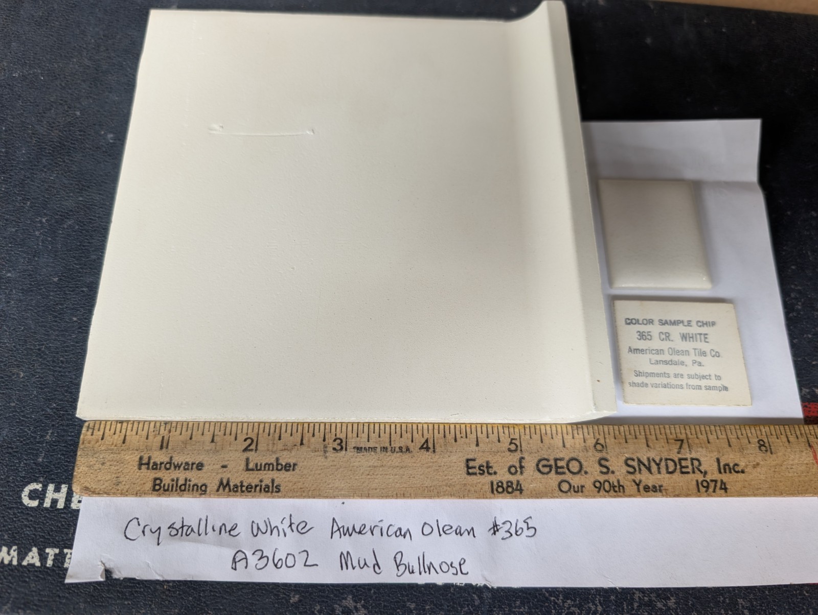 1 pc American Olean Crystalline White ceramic tile #365 6″ Mud Bullnose 60s 70s
