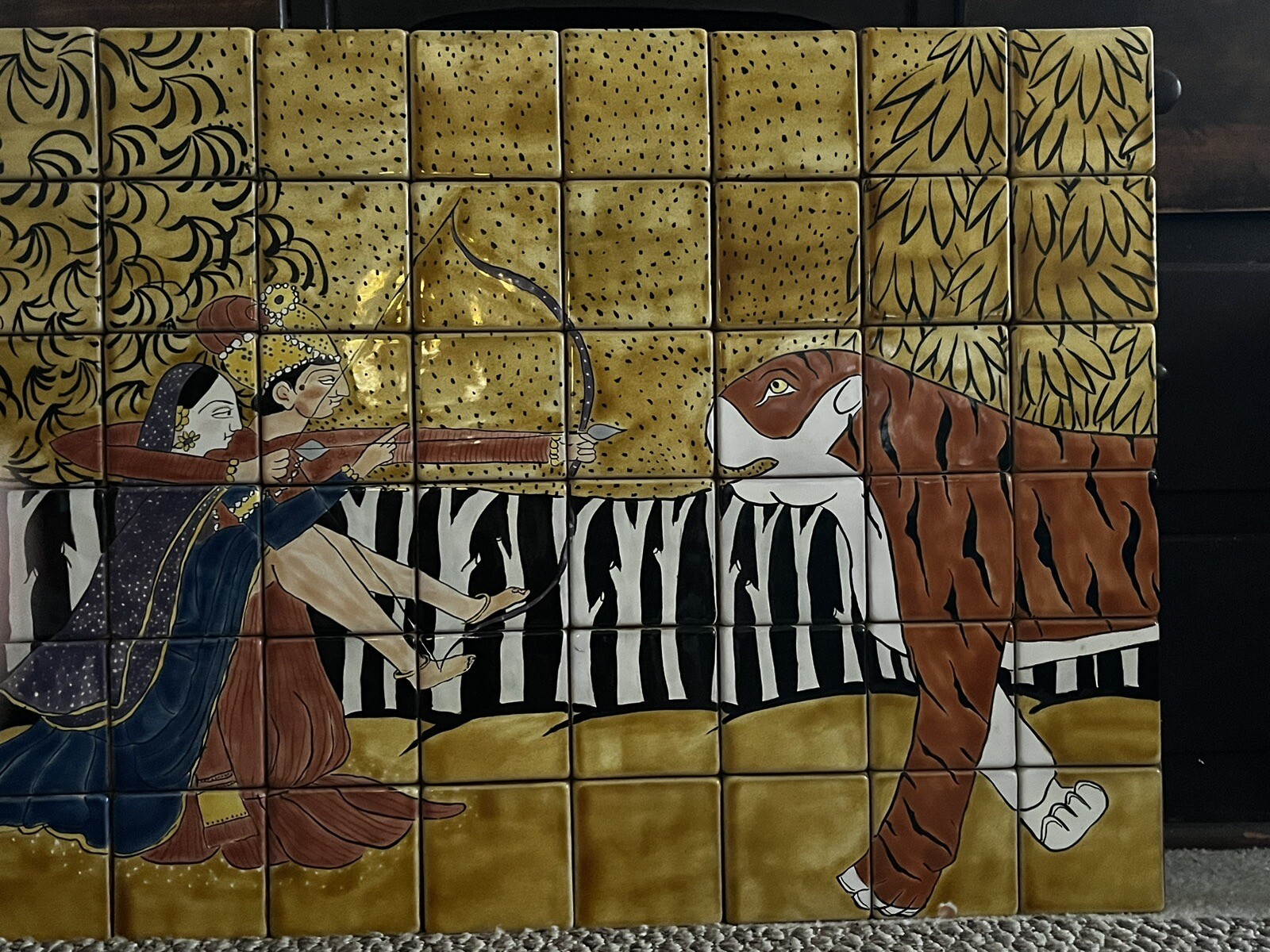 Vintage MUGHAL INDIAN Art Tile MURAL 32″ X 24″ TIGER Hunting