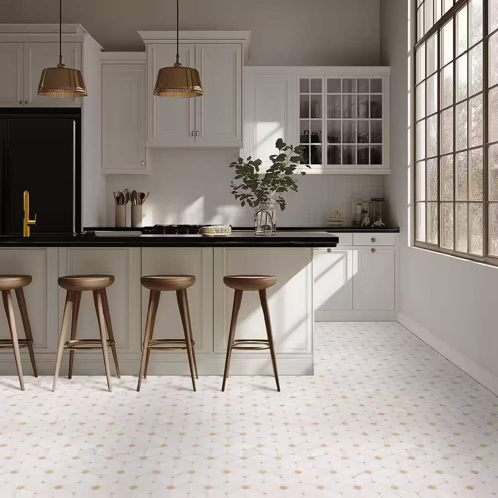 Cecily Creme 11 In. X 12 In. X 0.38 In. Polished Marble Mesh-Mounted Mosaic Floo