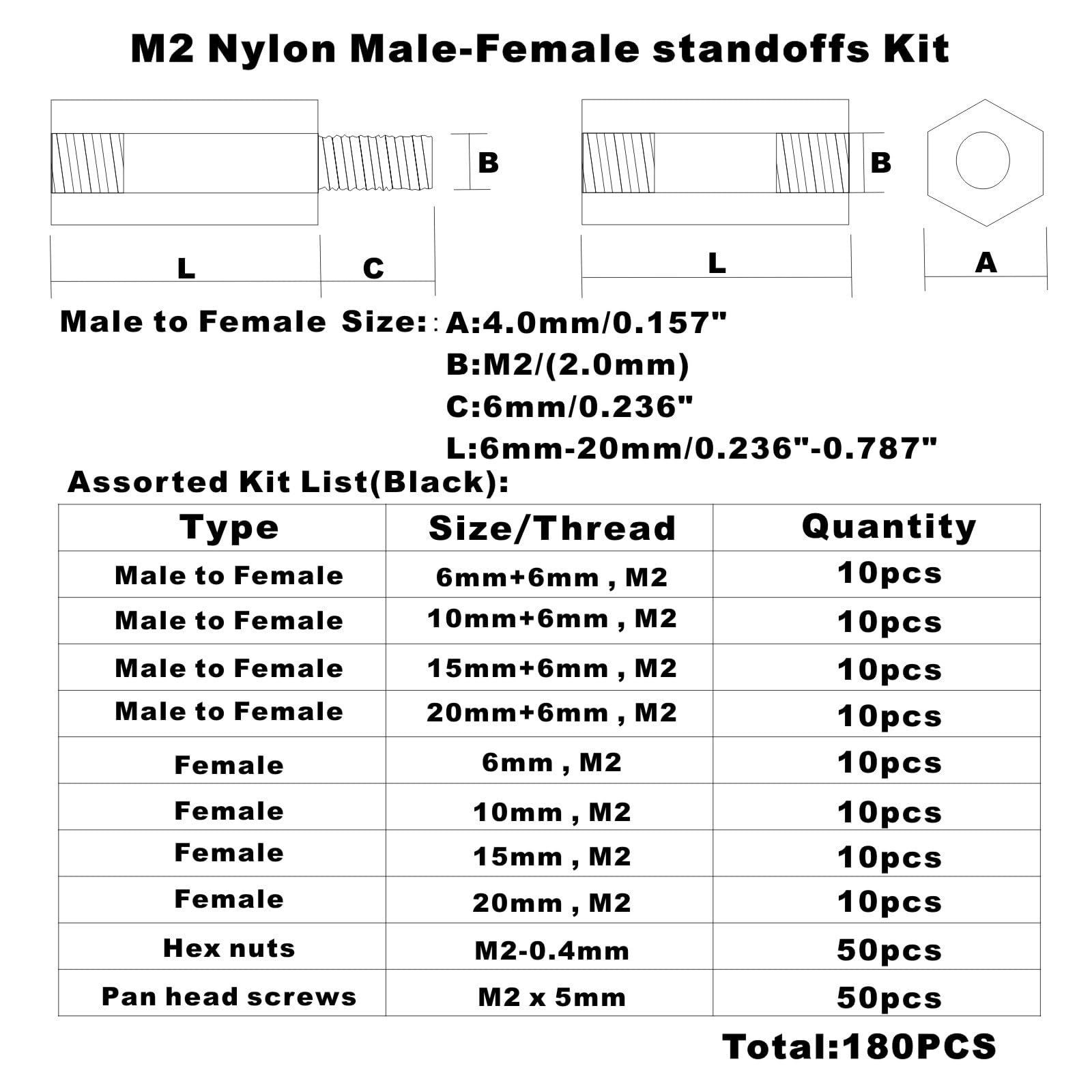 HVAZI M2 Nylon Hex Male-Female Spacer Standoffs Screw 180PCS/M2 Black, Black