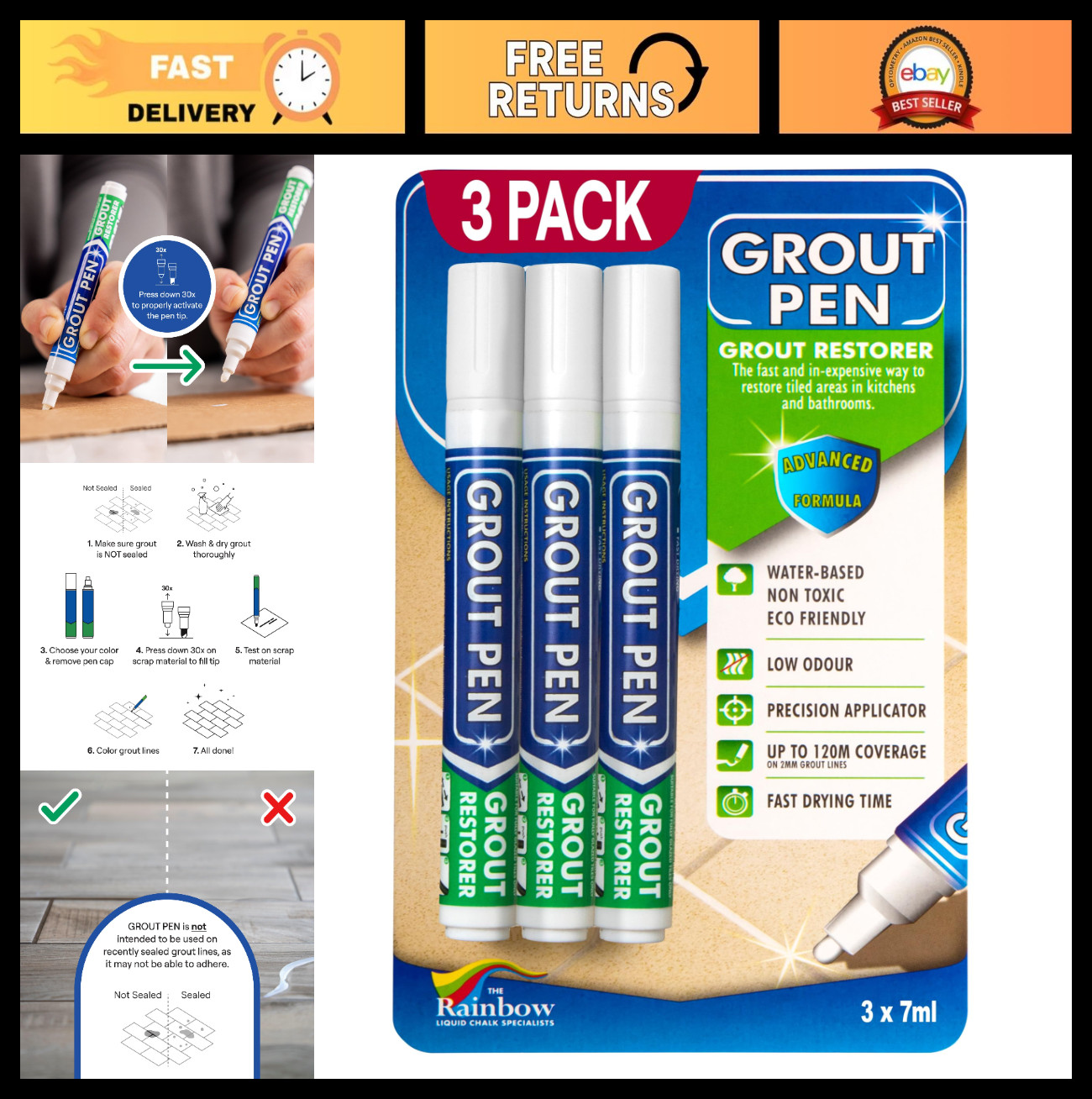 White Grout Pen – Waterproof Grout Paint Marker, 5mm Tip, 3 Pack for Clean Grout