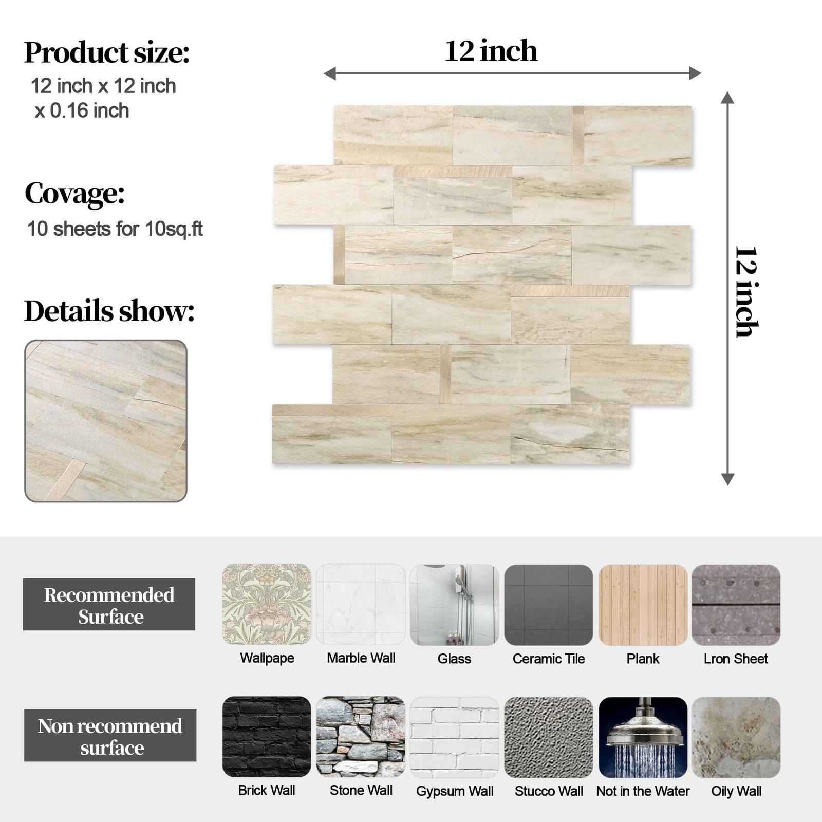 10 Sheets Luxury Peel and Stick Backsplash for Kitchen Tiles, Beige Slate Mix…