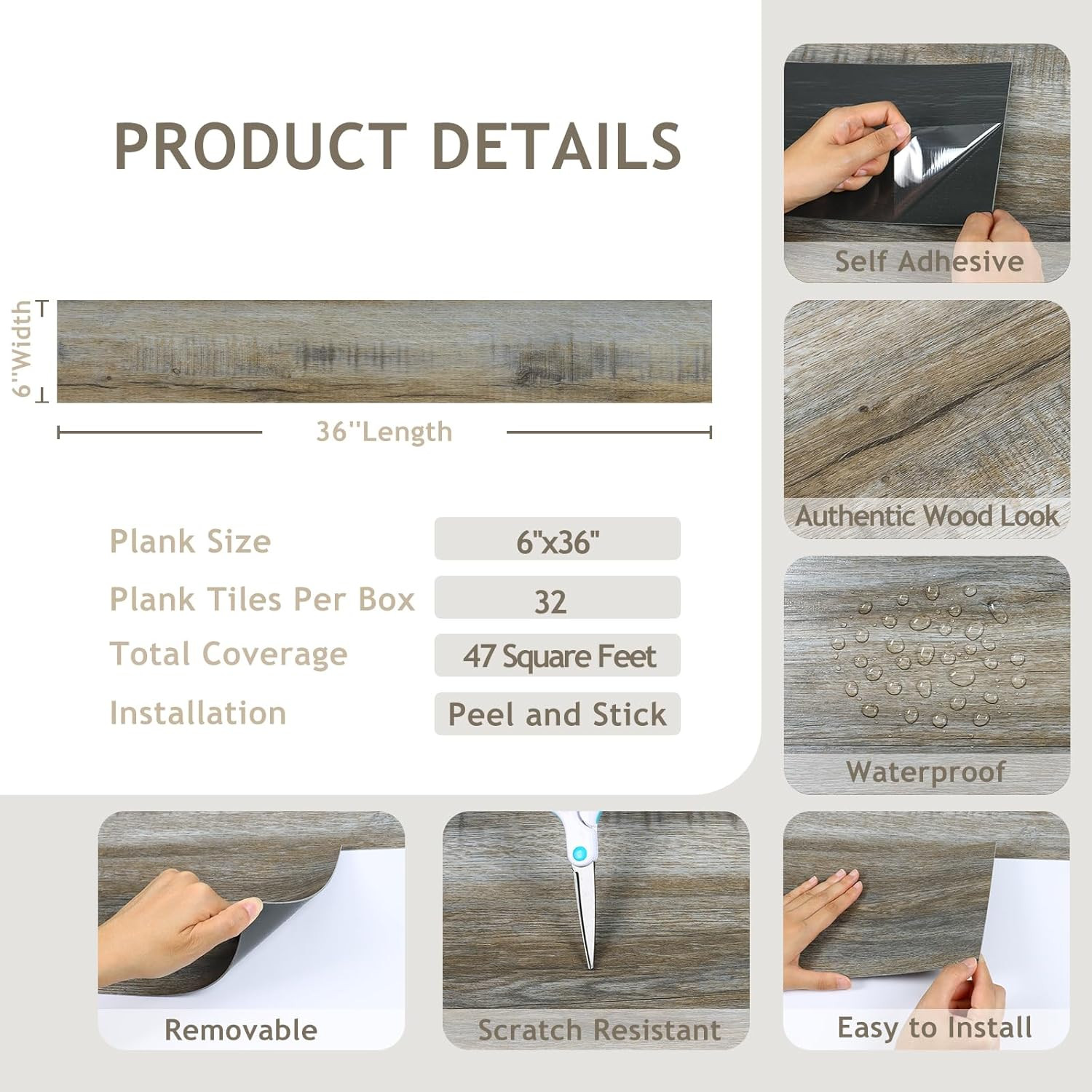 Waterproof Grey Peel and Stick Vinyl Plank Flooring 32-Pack for Home Use
