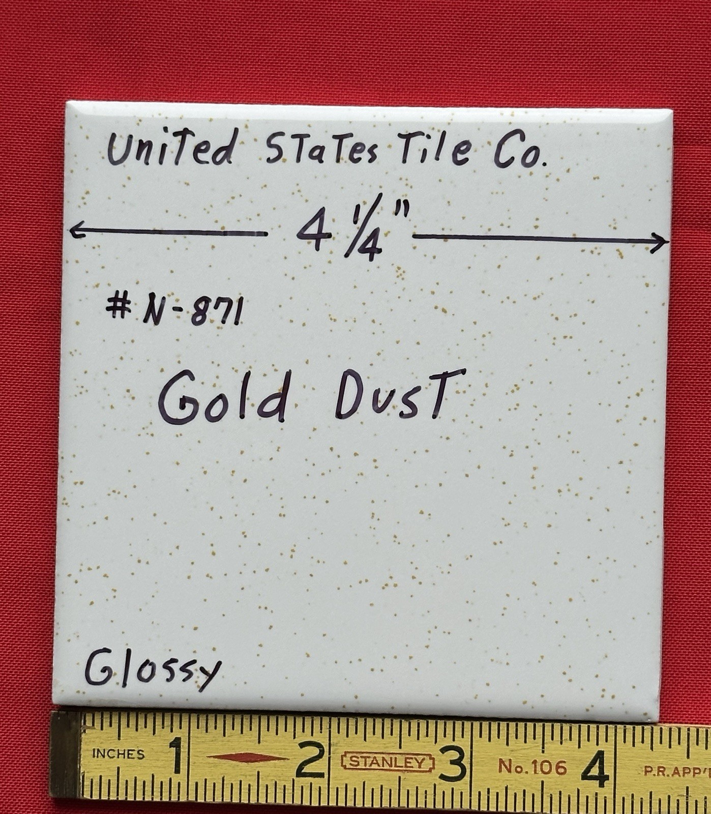 1 pc. Gold Dust: 4-1/4″ Gloss White Speckled Gold Ceramic United States Tile Co.