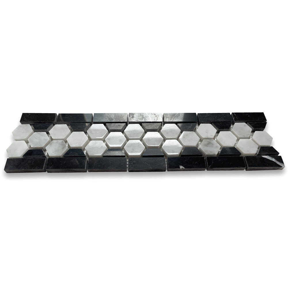 C31B1XP Carrara Venato Marble Hexagon Border Listello Mosaic Tile Polished