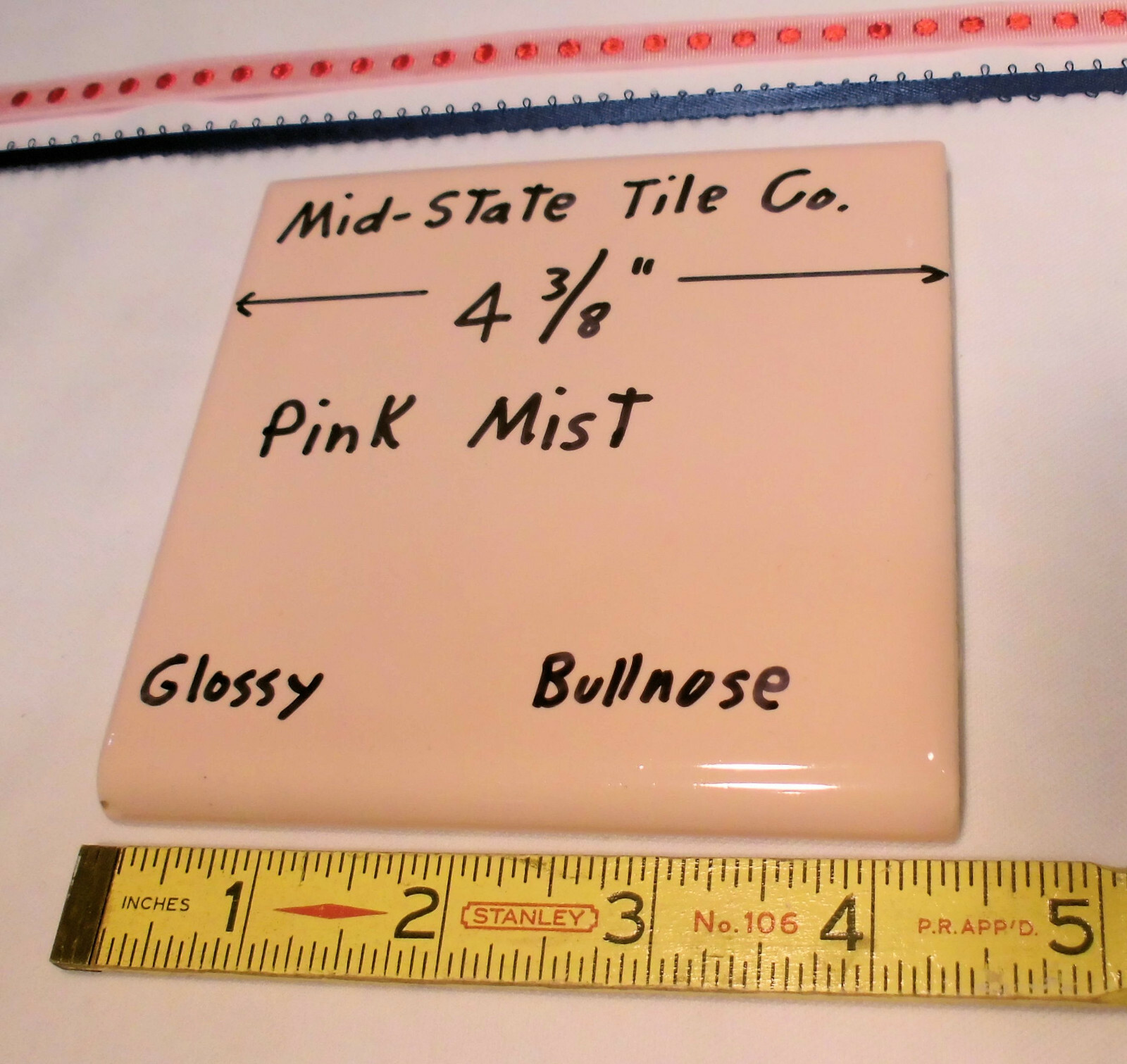 1 pc. Pink Mist – Peachy: Glossy Surface Bullnose Tile: 4-3/8″ Mid-State Co.
