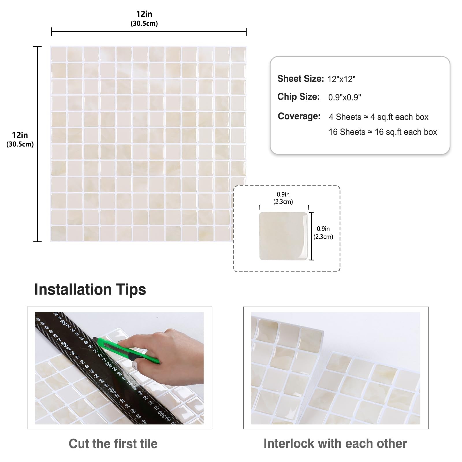 4 Sheets Beige Peel and Stick Backsplash Small Square Mosaic Stick on Tiles f…