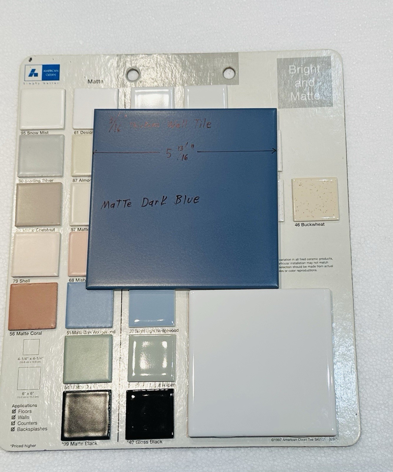 1 pc. 3/16″ Thickness Matte Dark Blue: 5-13/16″ Square Ceramic Tile, New Stock