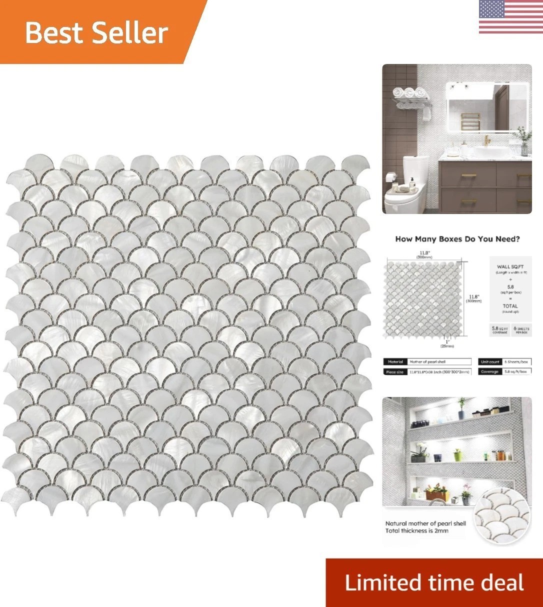 Modern Fish Scale Backsplash Tiles – Pack of 6 Water-Resistant Shell Sheets