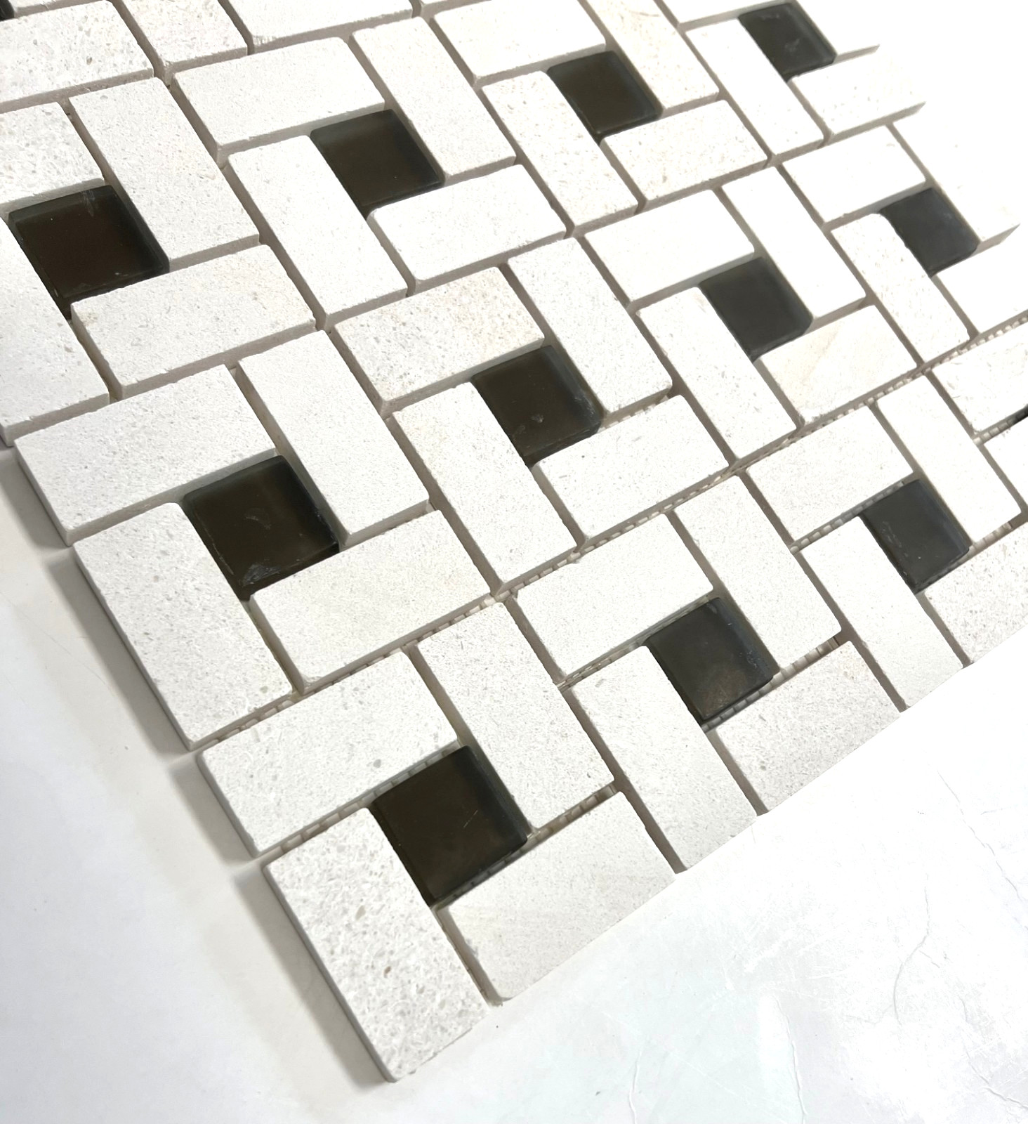 1X2 Pinwheel Vanilla Limestone with Chocolate frosted glass Mosaic Wall Tile