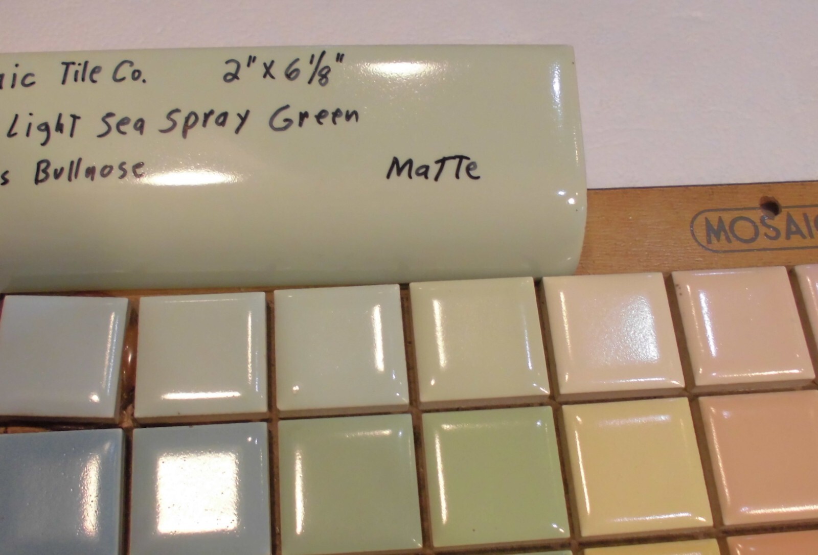 1 pc. Light Green: 2″ X 6″ Semi- Matte Ceramic Bullnose Radius Tile, Mosaic Co.
