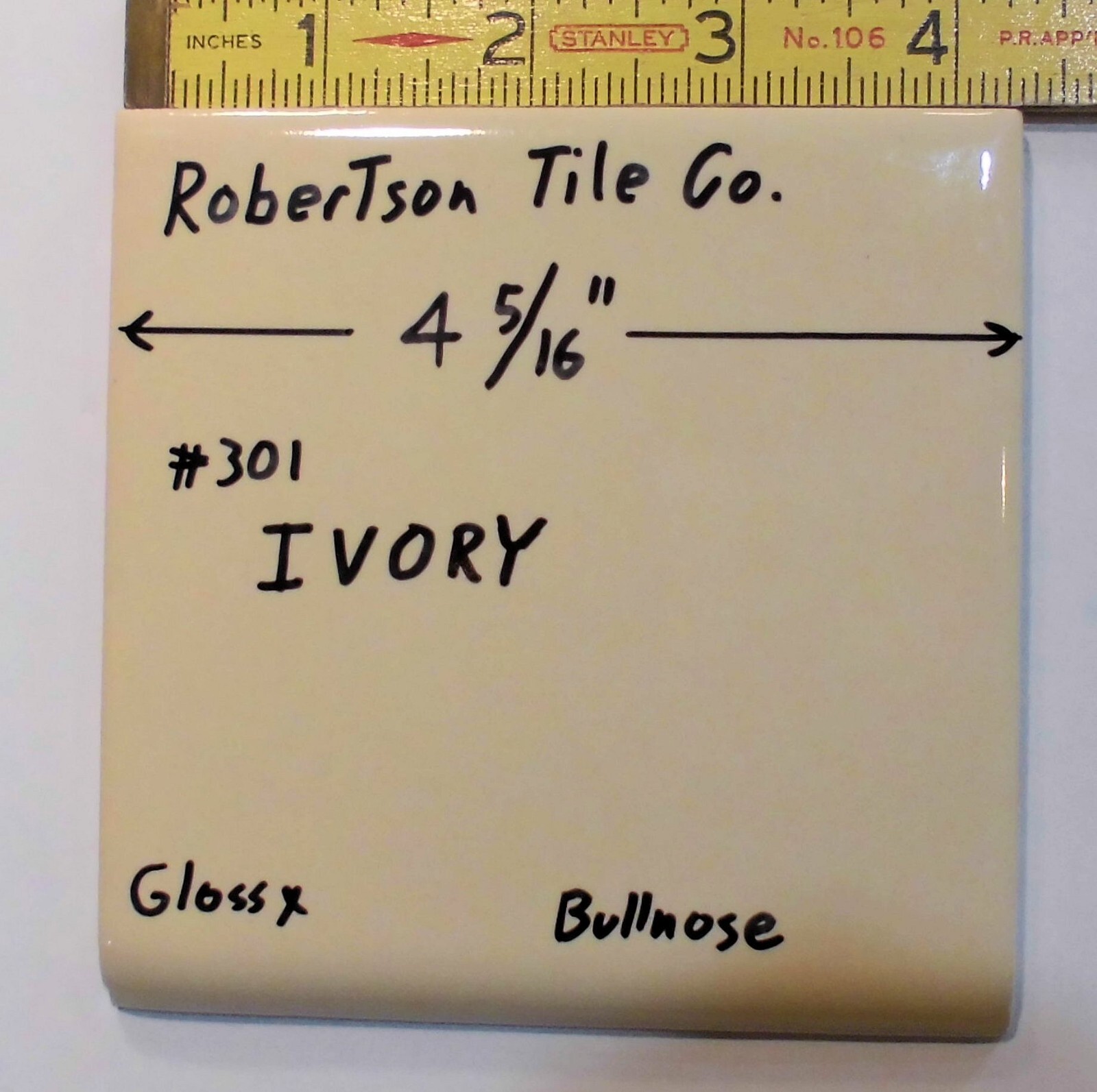 1 pc. Glossy Ceramic Bullnose Tile *Ivory* 4-5/16″ By Robertson Tile Co. New