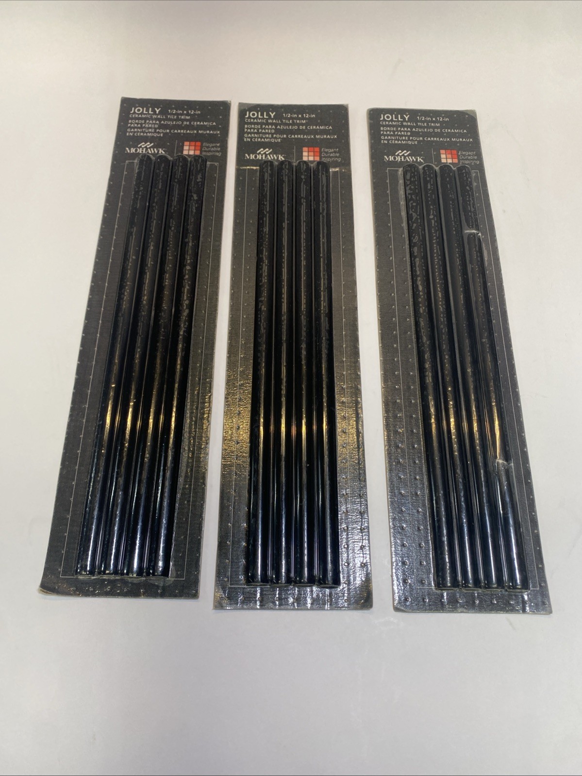 New Lot Of 3 Mohawk Jolly Gloss Black 1/2″ x 12″ Ceramic Wall Tile Trim 4 Pc