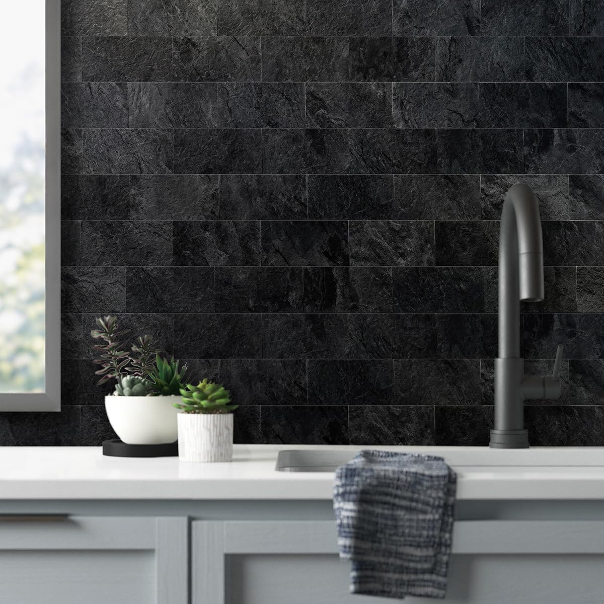 100 Piece Black Slate Peel and Stick Backsplash Wall Tiles, 3″ X 6″ PVC Faux …