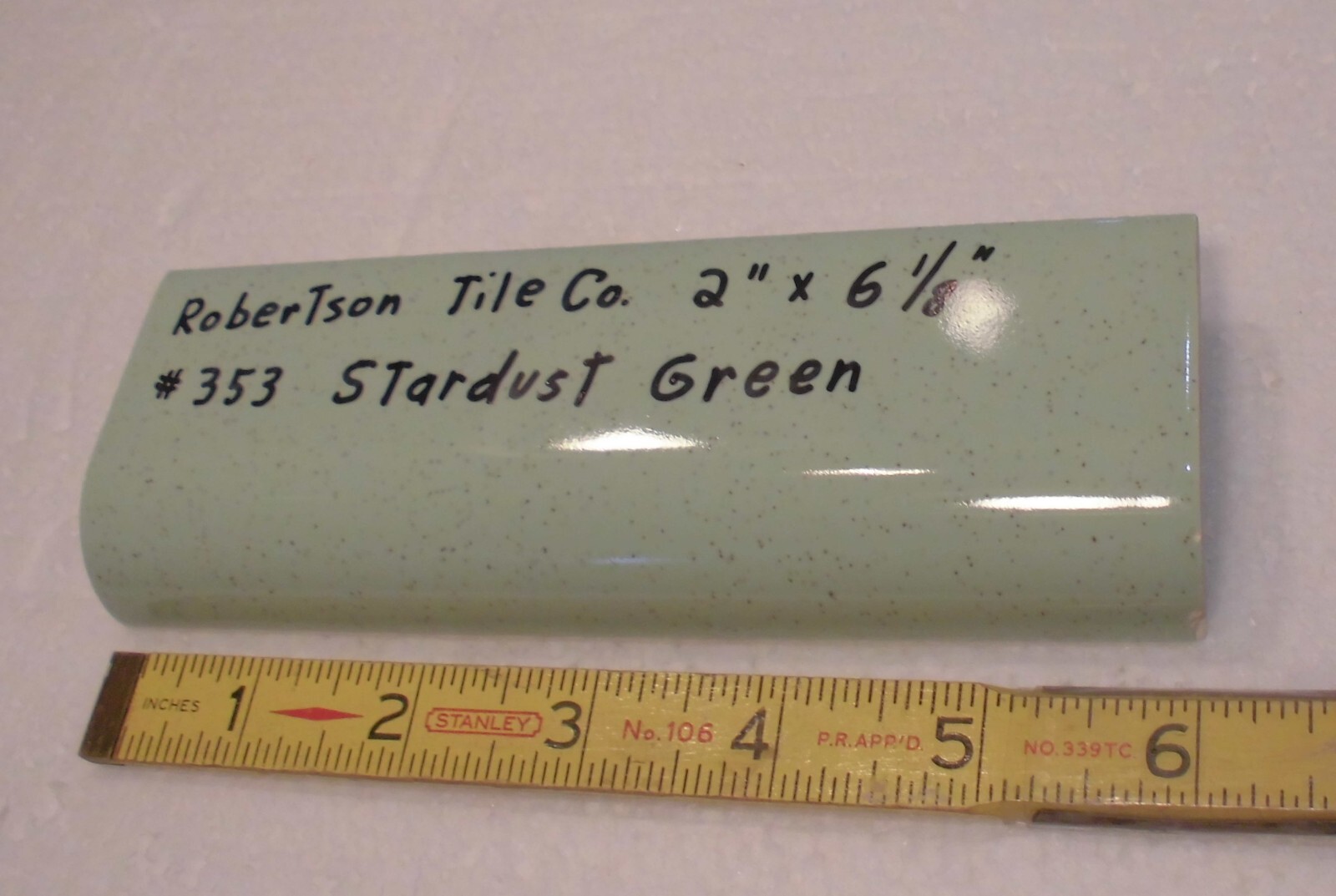 1 pc. Stardust Green: Ceramic Tile; 2″ X 6-1/8″ Radius Bullnose by Robertson Co.