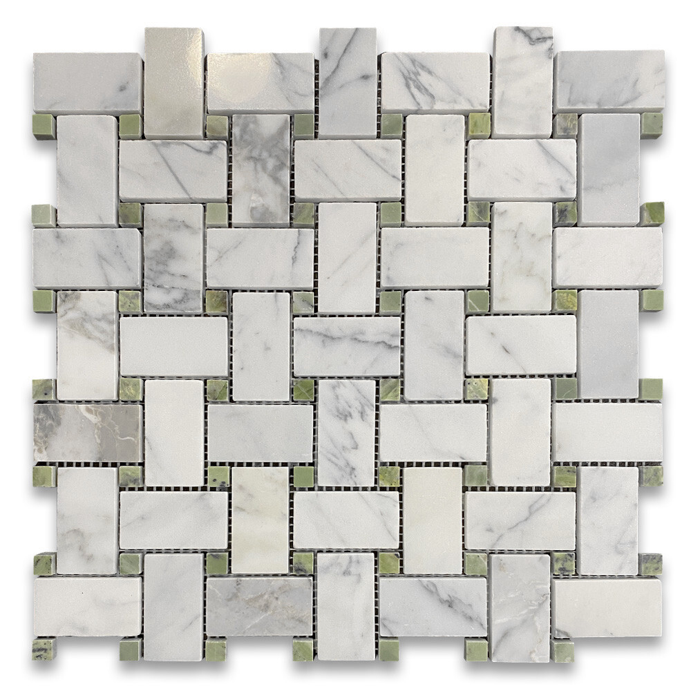 L652XP Basketweave Statuary White Marble 1×2 Mosaic Tile Green Dots Polished