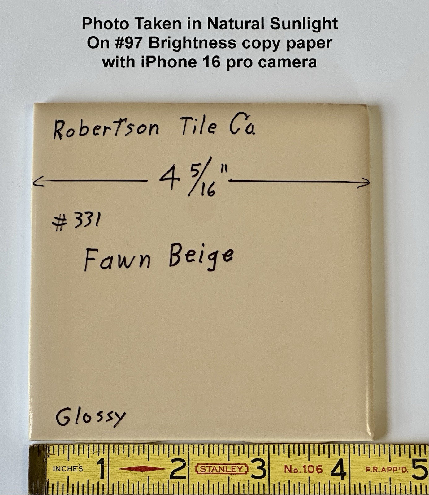 1 pc. Fawn Beige: 4-5/16″ Glossy Ceramic Tile, by Robertson Tile Co. light brown