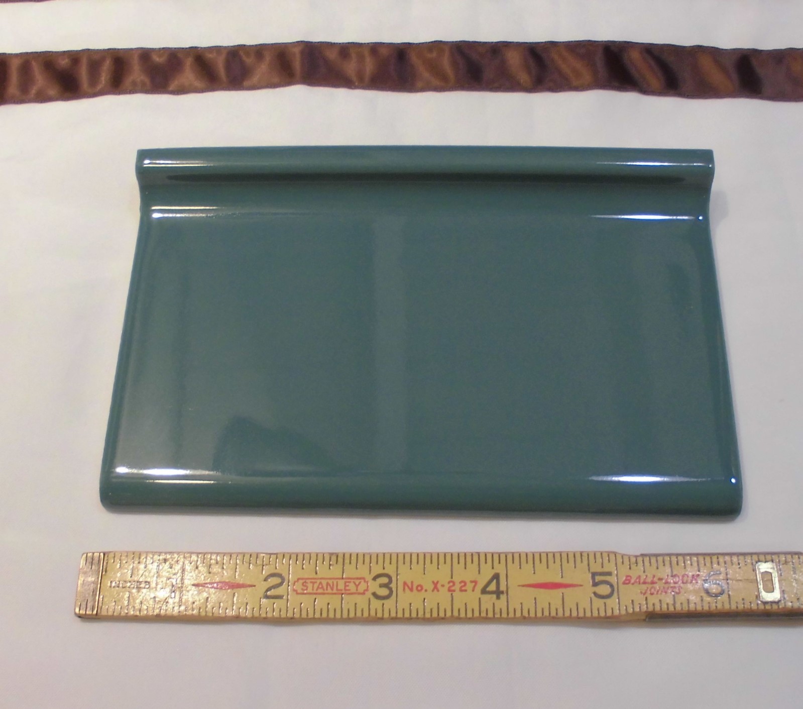 1 pc. Glossy *Pine Green* 4” X 6” Ceramic Cove Base Tile , Bullnose Top “NOS”