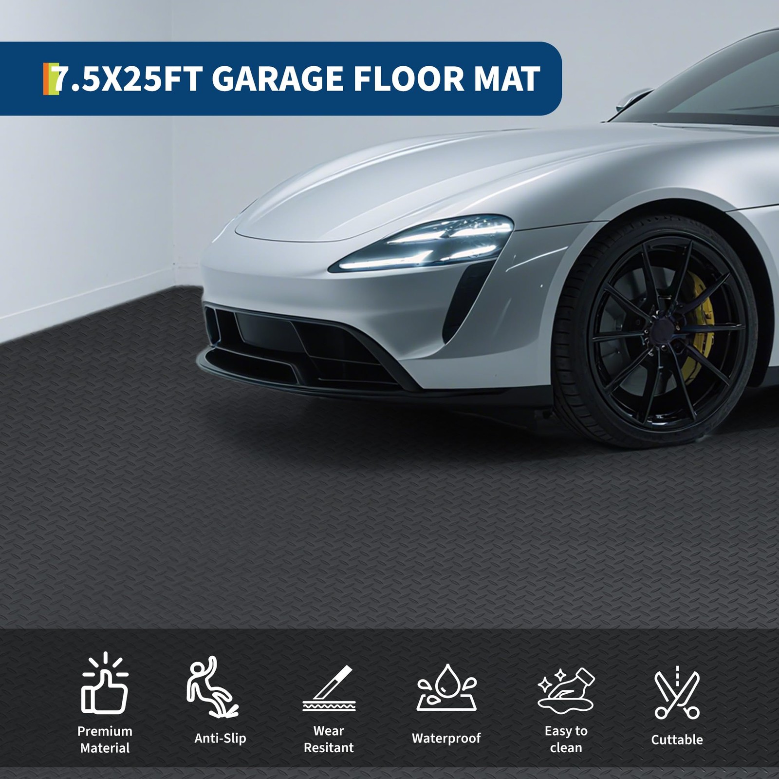 7.5×25 FT Garage Floor Mat, 2mm Thickened PVC Diamond Plate Garage Flooring Roll