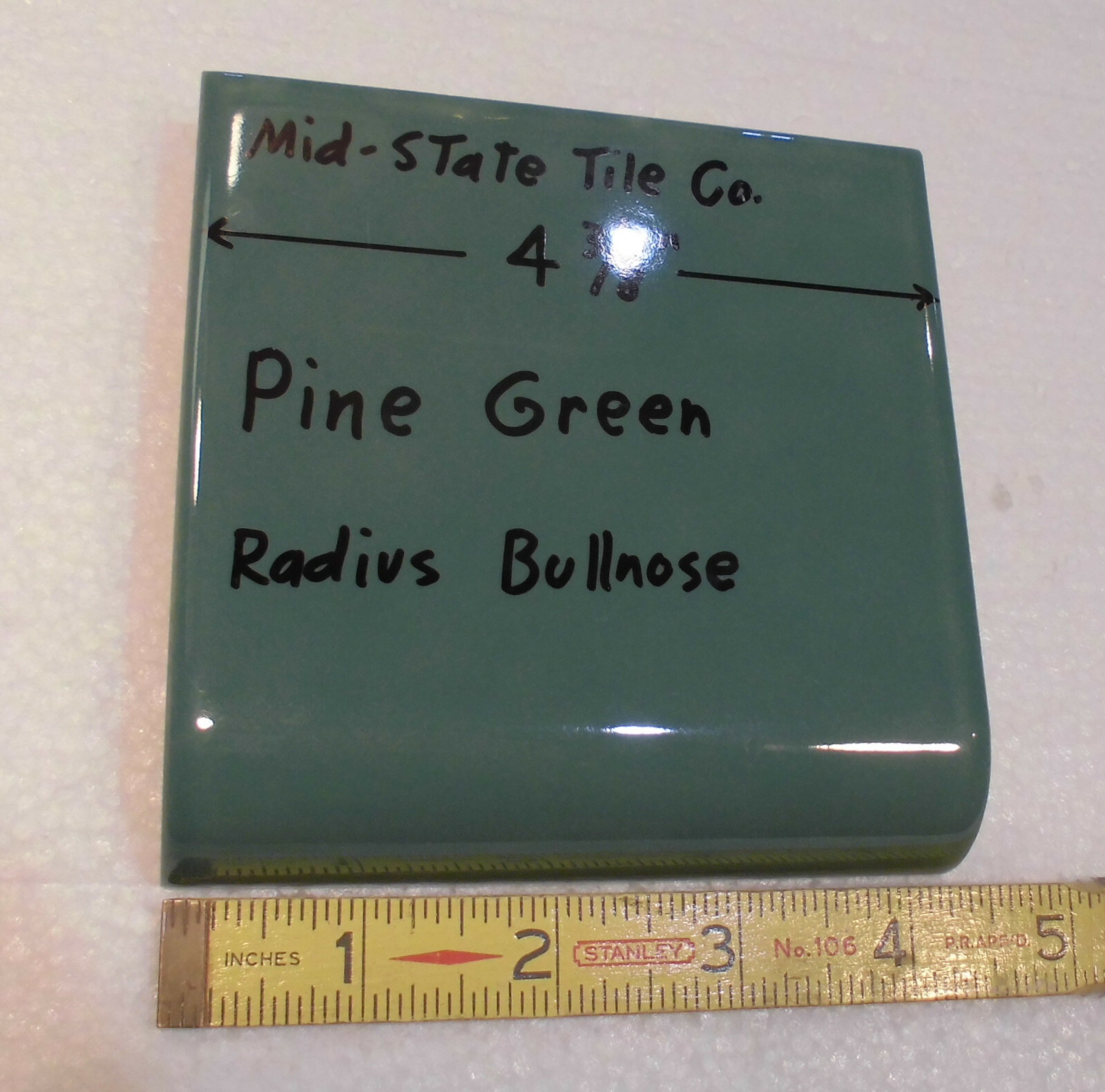 1: Pine Green Radius Bullnose Ceramic Tile 4-3/8″ by Mid-State: Glossy Mudd Cap