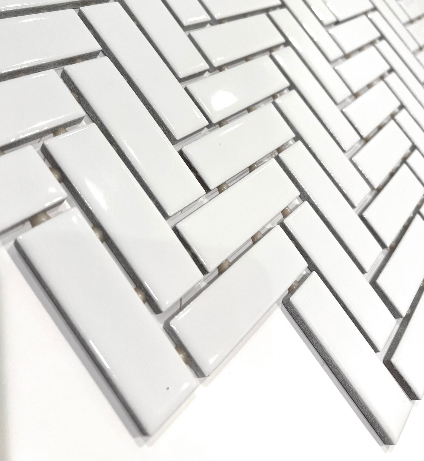 1×3 White Shiny Herringbone Ceramic Mosaic Dot Mount Wall Floor Tile (BOX OF 5)