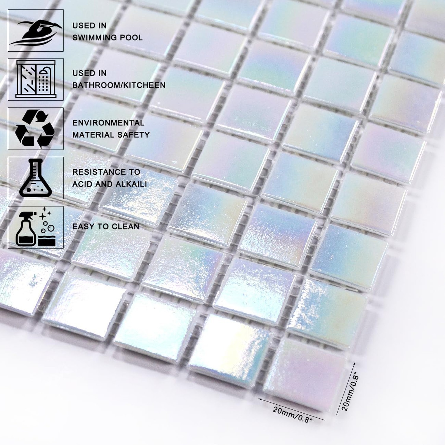 11.5sq.ft Iridescent White Glass Mosaic Tile for Bathroom, Pool, Backsplash |…