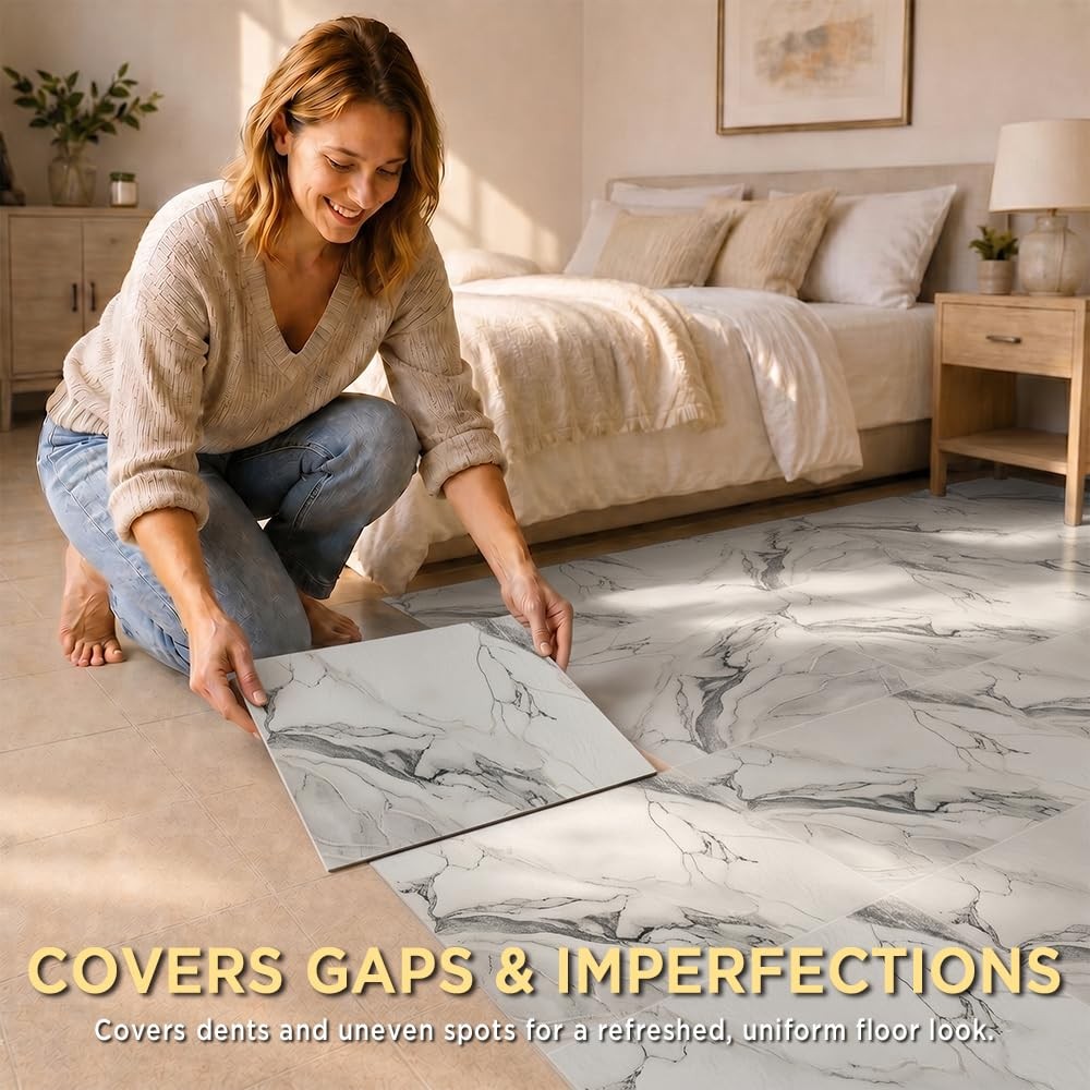 Renter-Friendly Marble Grain Peel and Stick Floor Tile 10 PCS – NO Grout, NO Mes