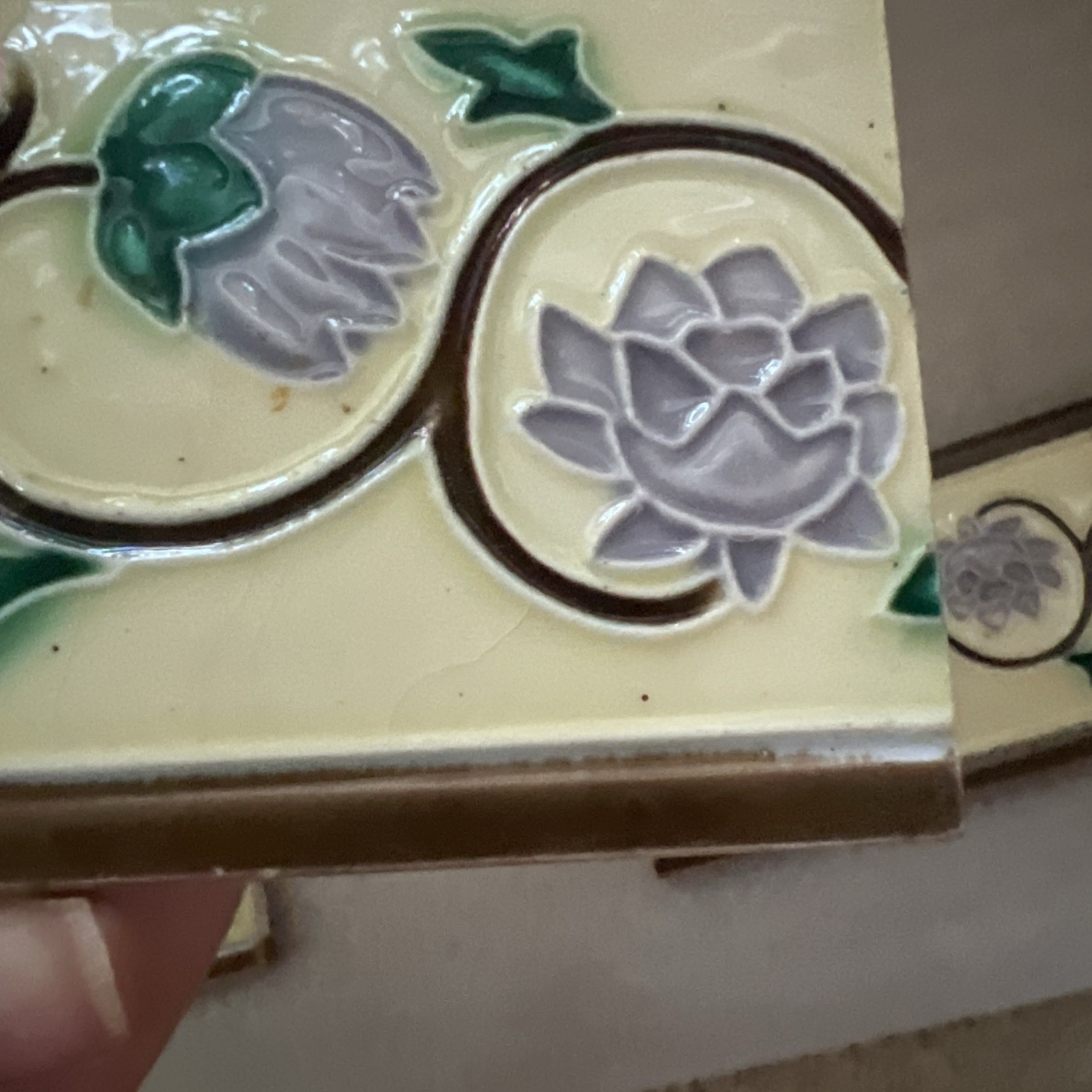 Antique Japanese Majolica Border Tiles Danto Kaisha DK Lotus Vine 6×3 Lot of 4